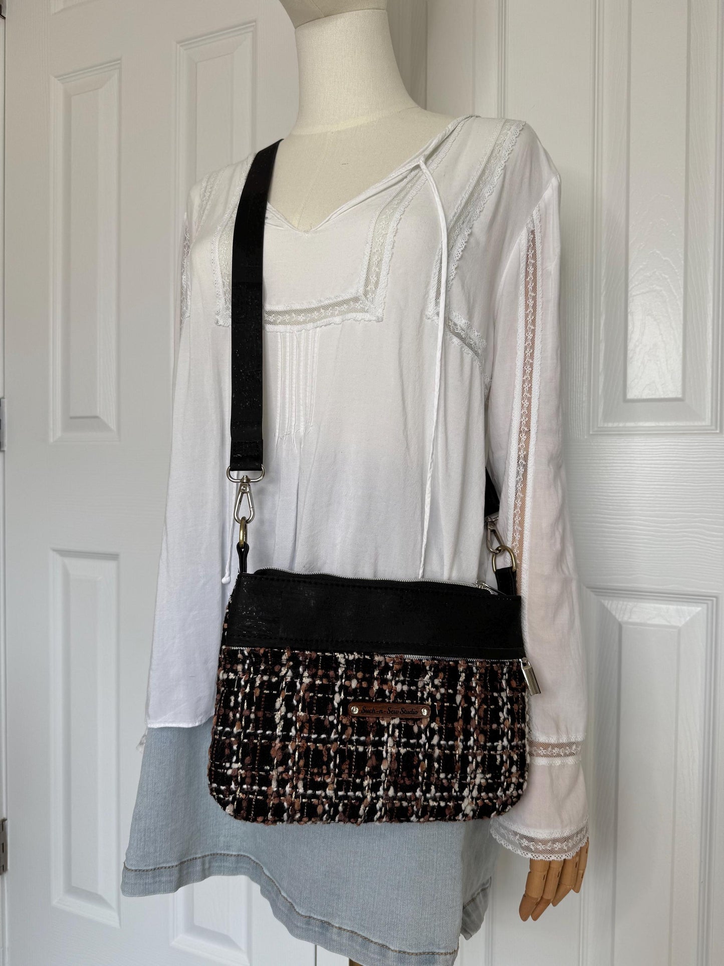 Cork and Upcycled Skirt Material Starburn Crossbody Bag (SB3)