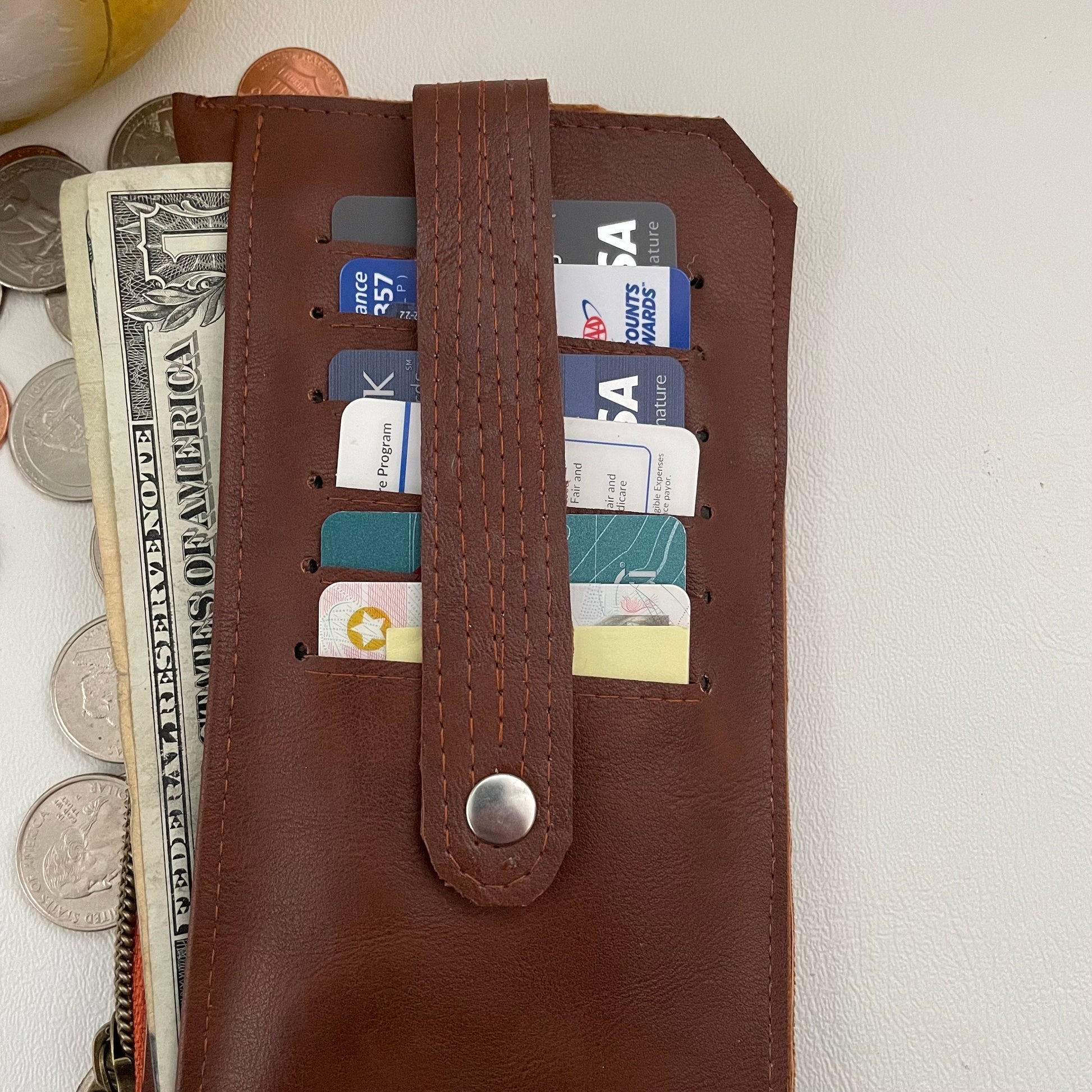 Brown Vegan Leather Wallet: Compact Travel Purse with Zipper