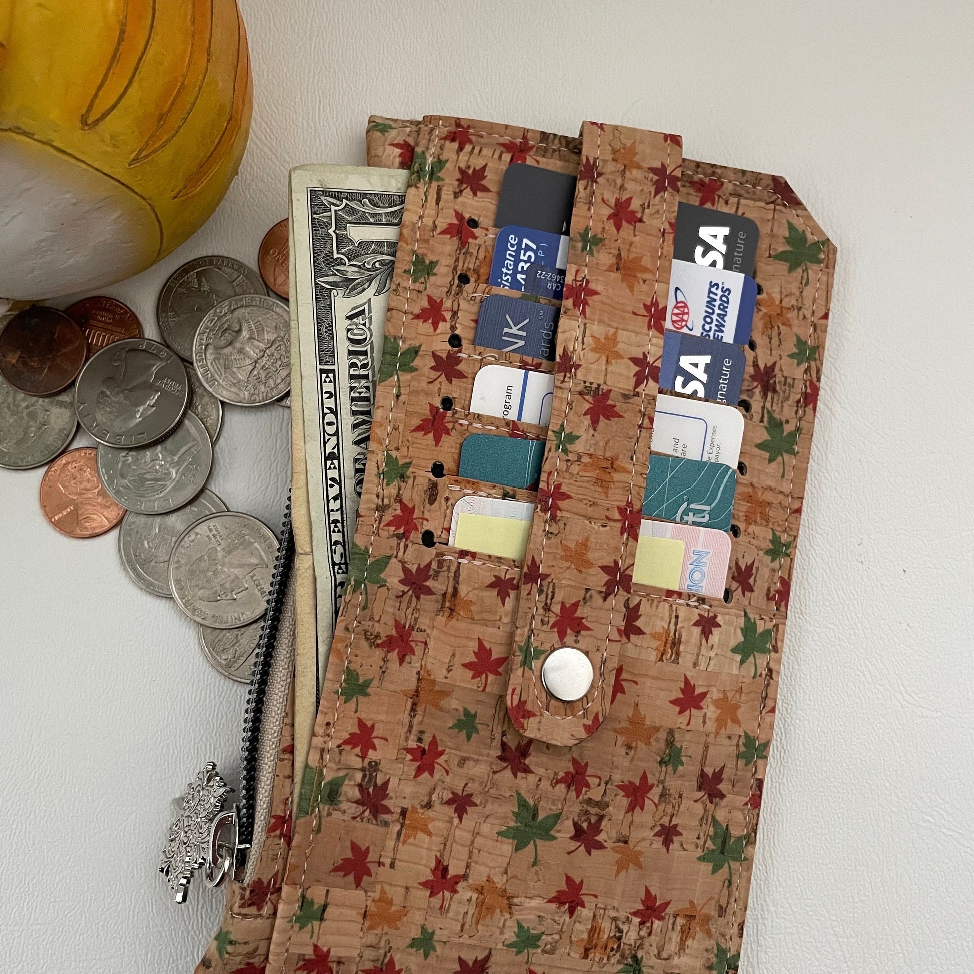 Cork Wallet: Leaf Print, Zipper Pocket, Handmade