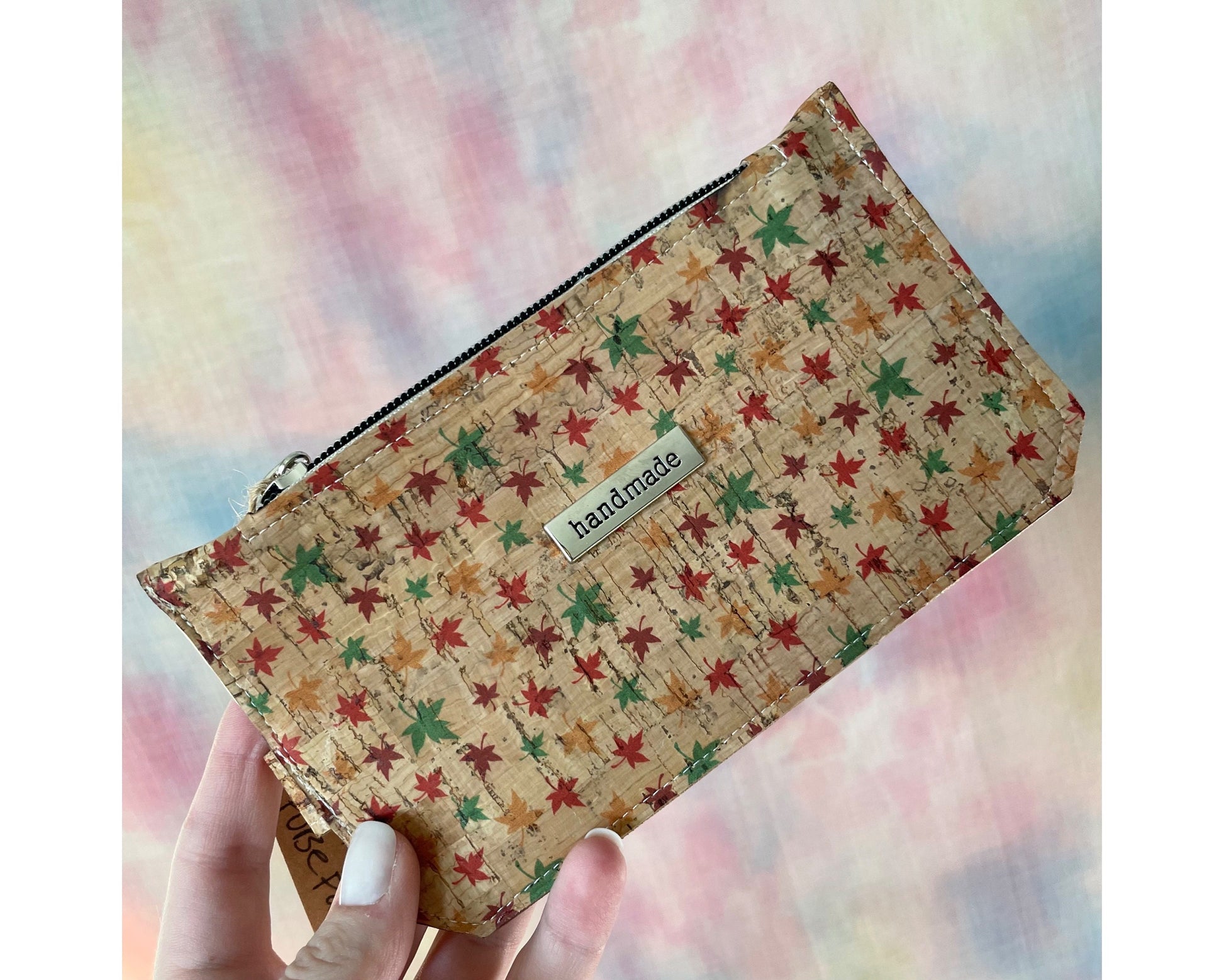 Cork Wallet: Leaf Print, Zipper Pocket, Handmade