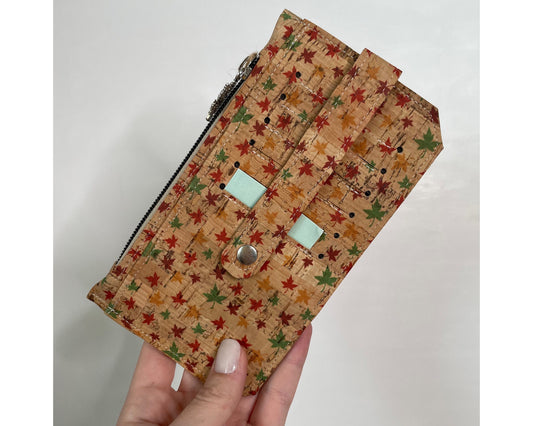 Cork Wallet: Leaf Print, Zipper Pocket, Handmade