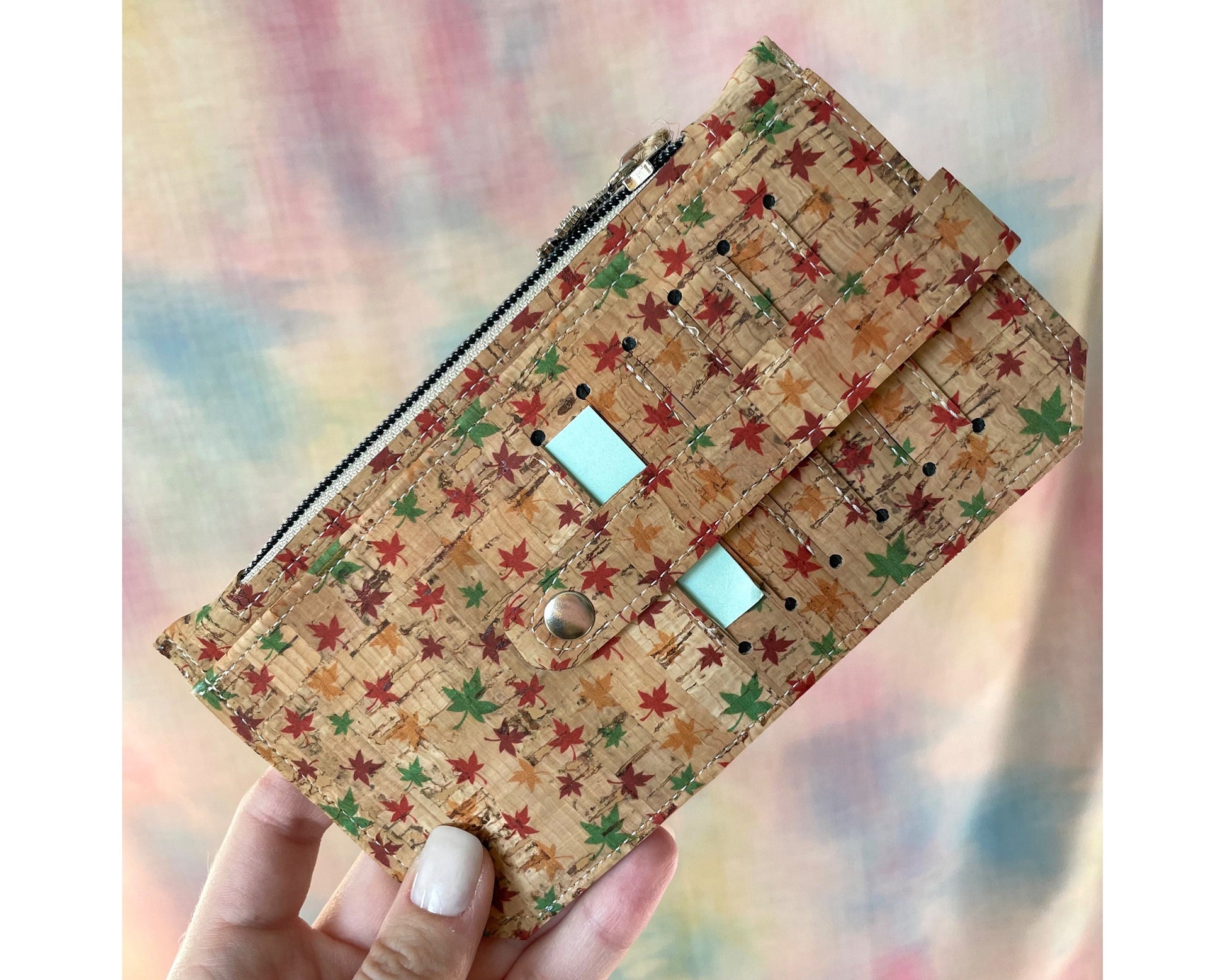 Cork Wallet: Leaf Print, Zipper Pocket, Handmade