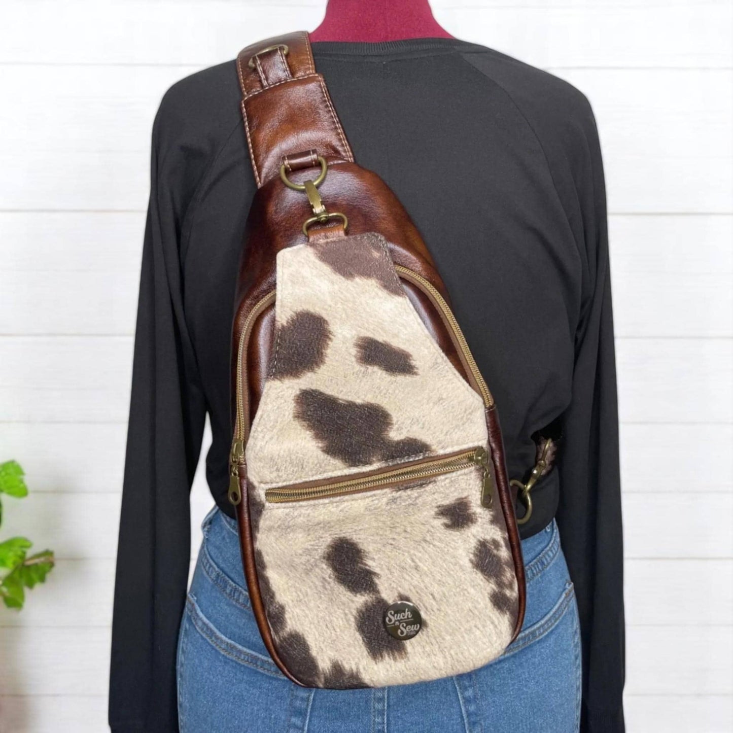 Rustic Faux Suede Cowhide & Faux Leather Sling Bag