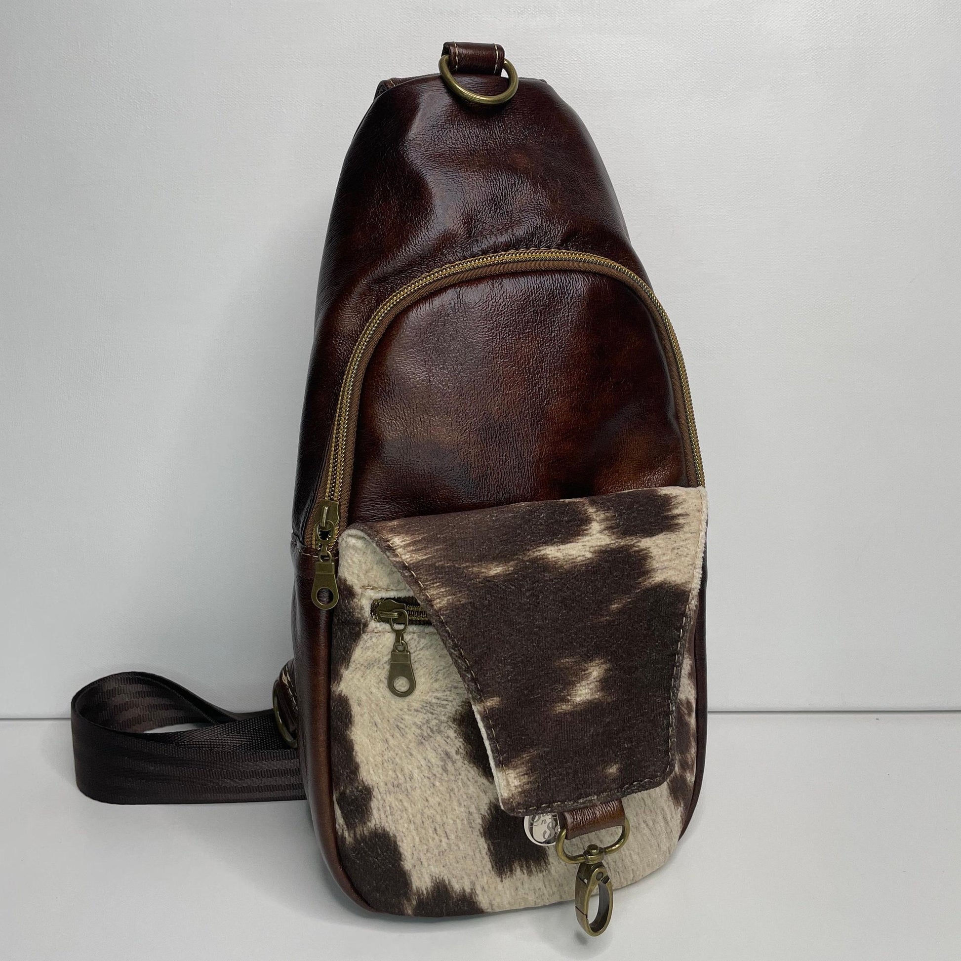 Rustic Faux Suede Cowhide & Faux Leather Sling Bag