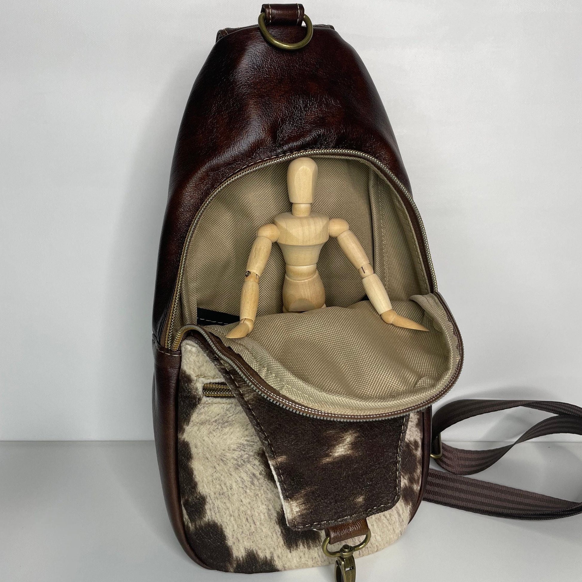 Rustic Faux Suede Cowhide & Faux Leather Sling Bag