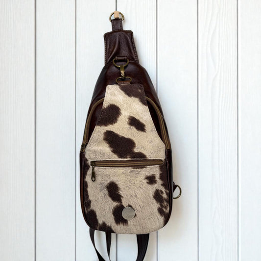 Rustic Faux Suede Cowhide & Faux Leather Sling Bag