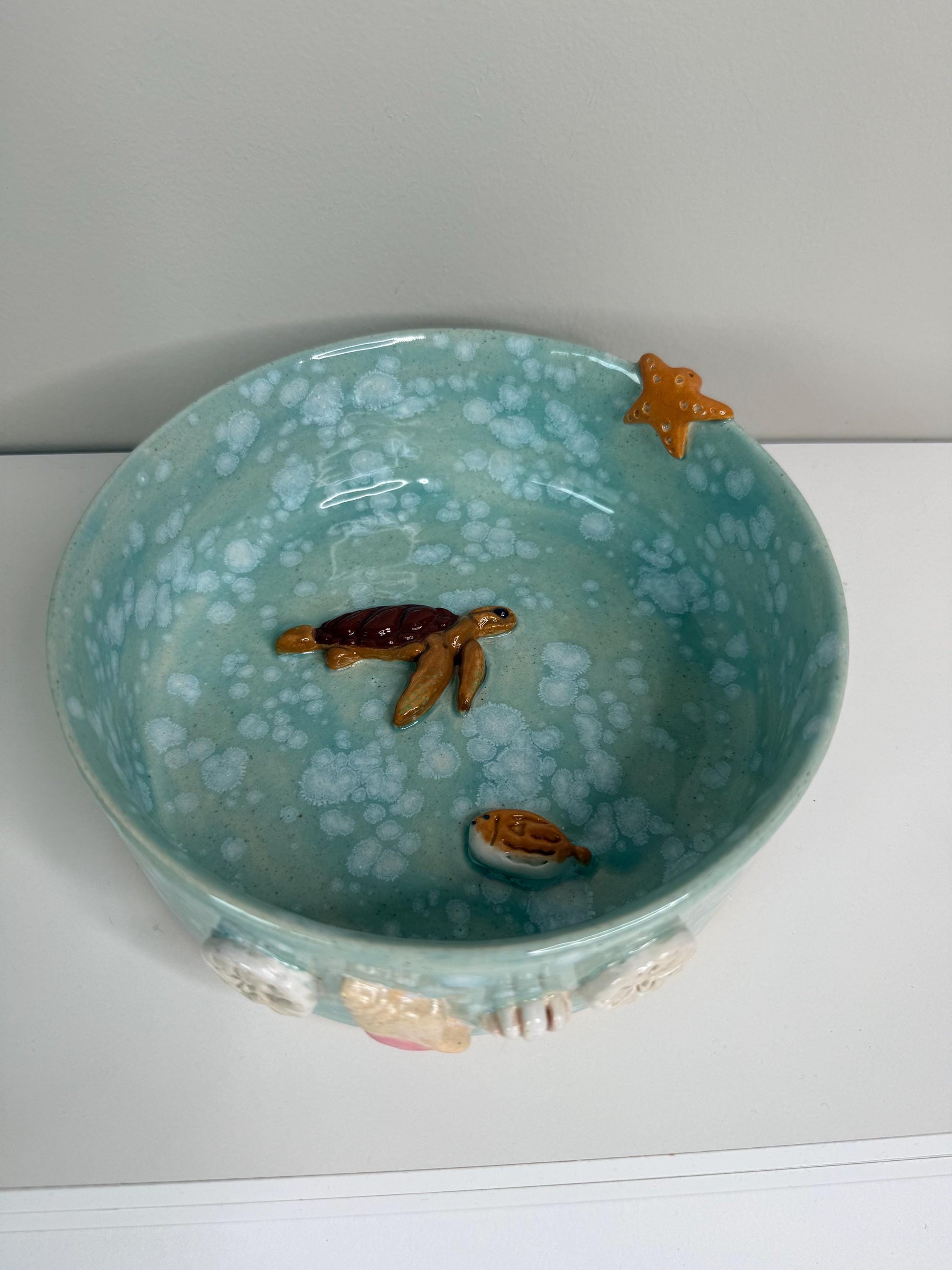 Handmade Ceramic Pet Bowl: Ocean Theme Dog/Cat Bowl with Sea Life