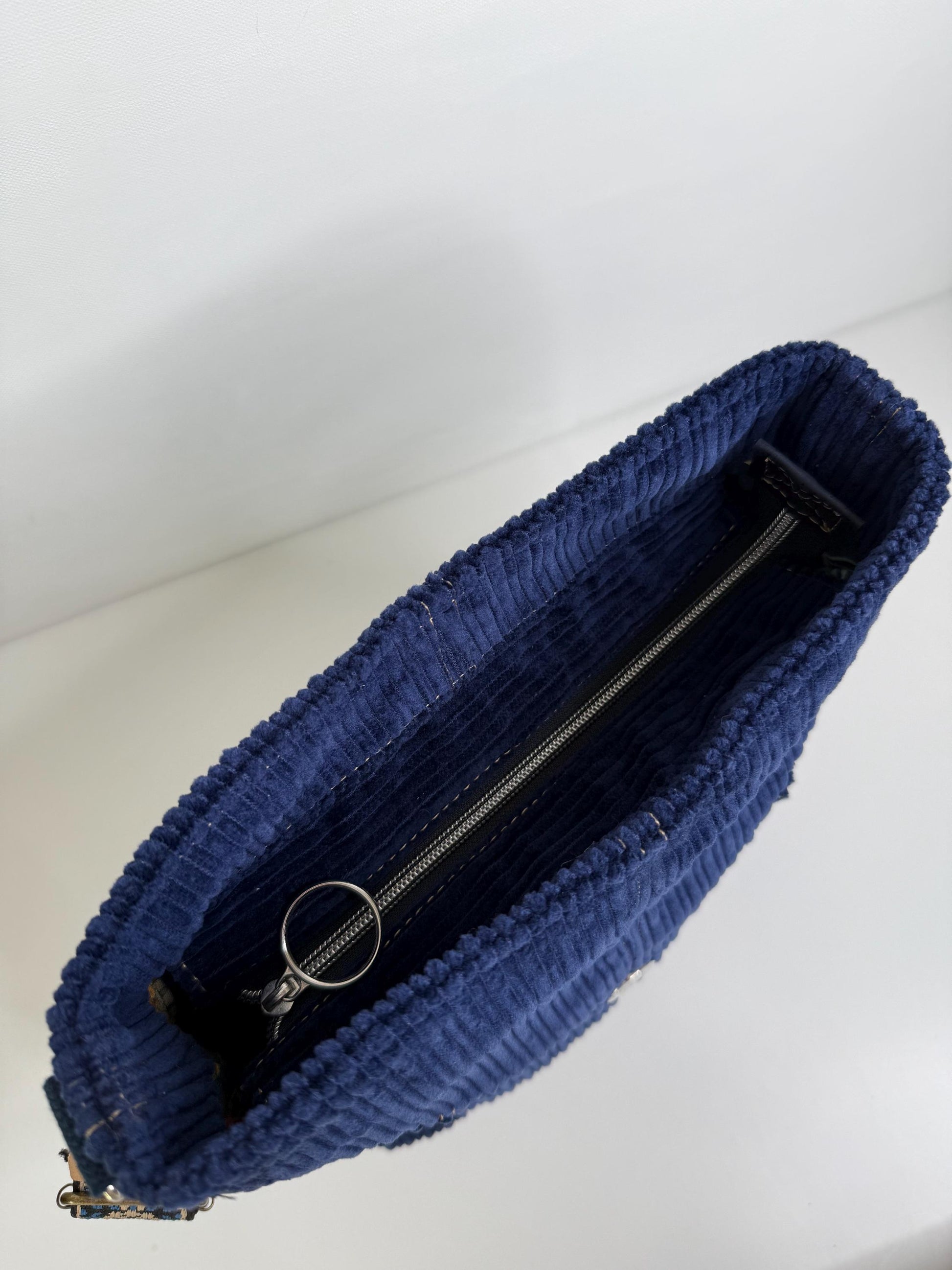 Navy Blue Corduroy Everyday Compass Bag with Cork Accents and Recessed Zipper (CB1)