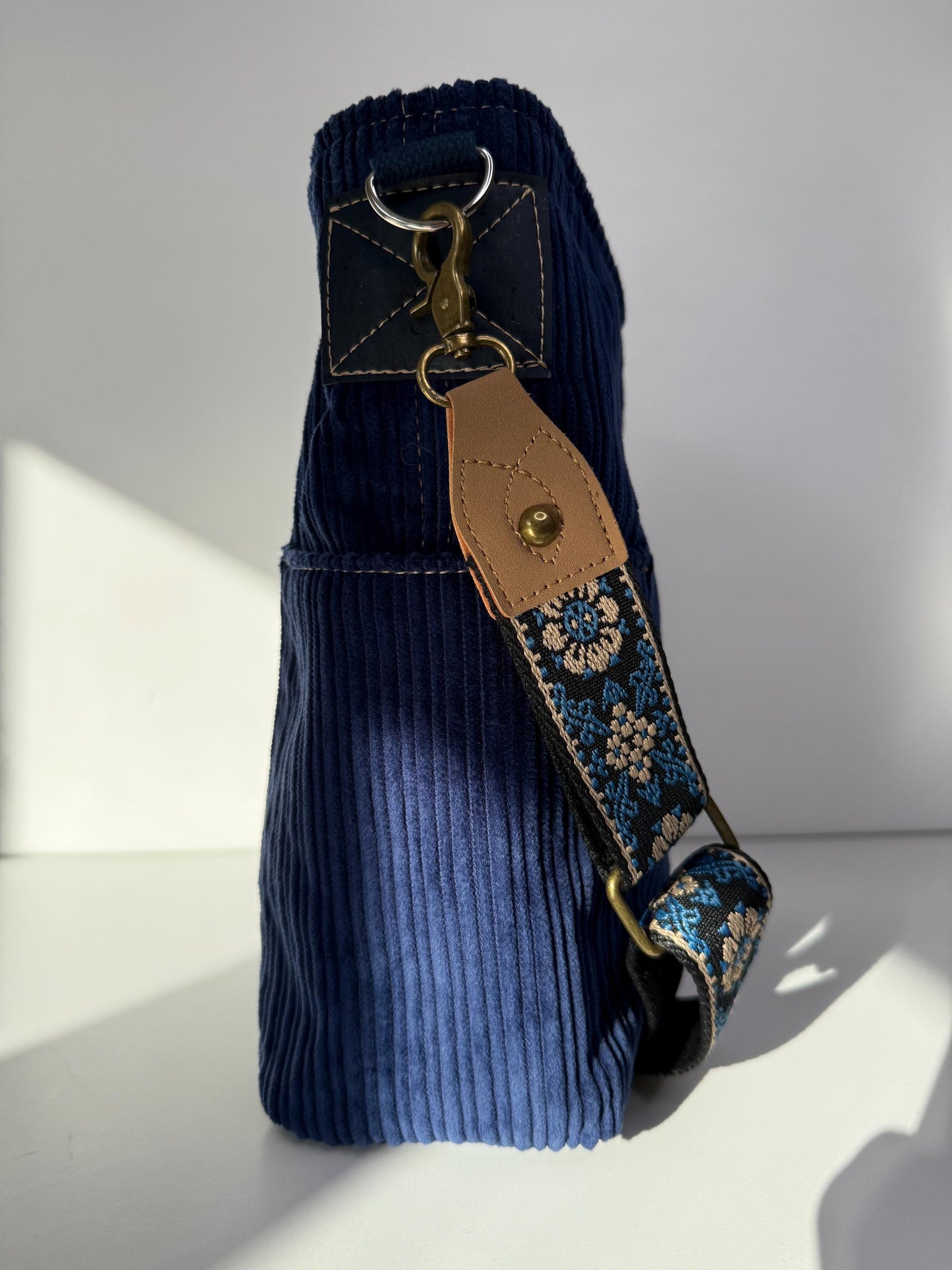 Navy Blue Corduroy Everyday Compass Bag with Cork Accents and Recessed Zipper (CB1)