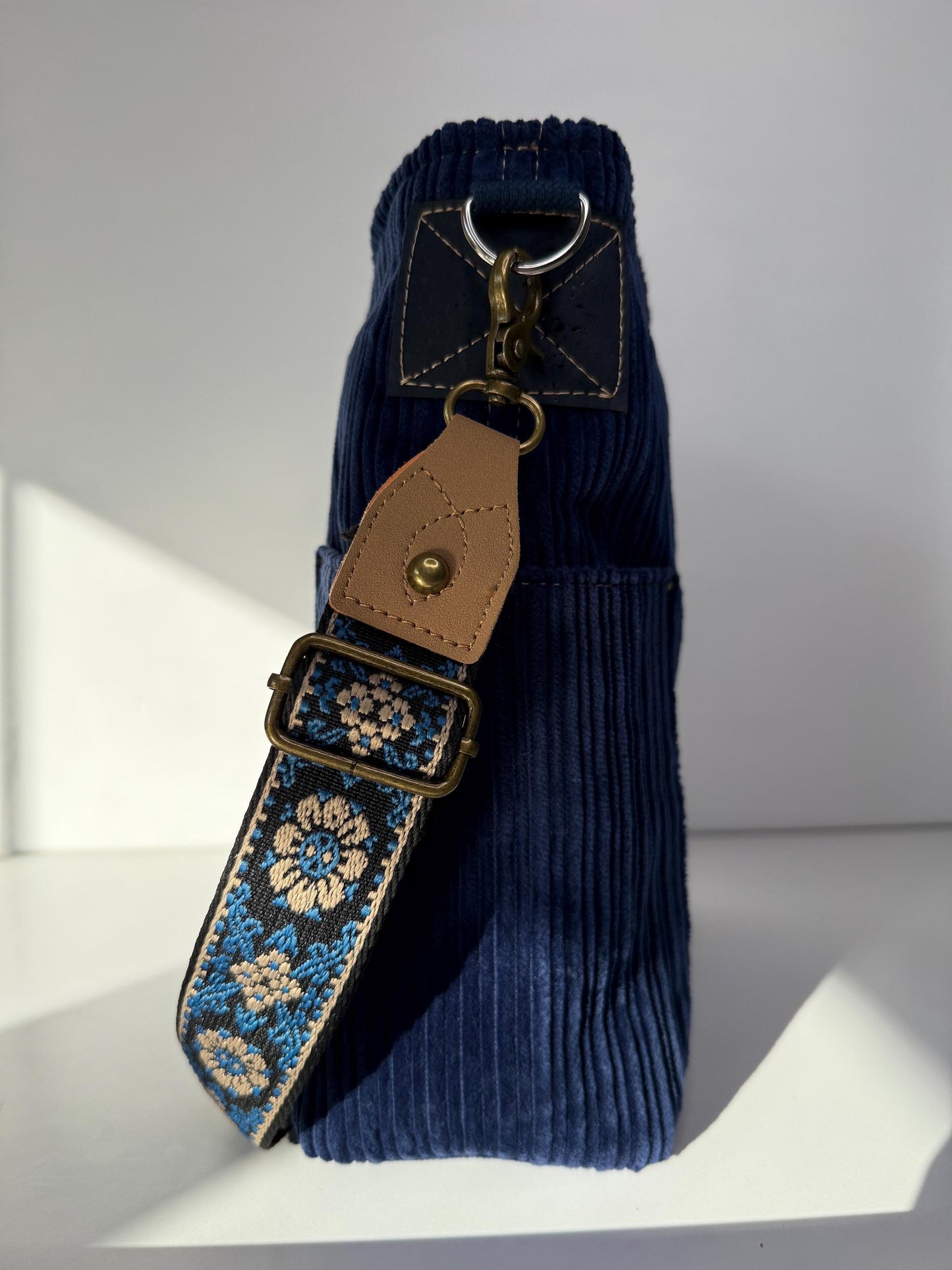 Navy Blue Corduroy Everyday Compass Bag with Cork Accents and Recessed Zipper (CB1)