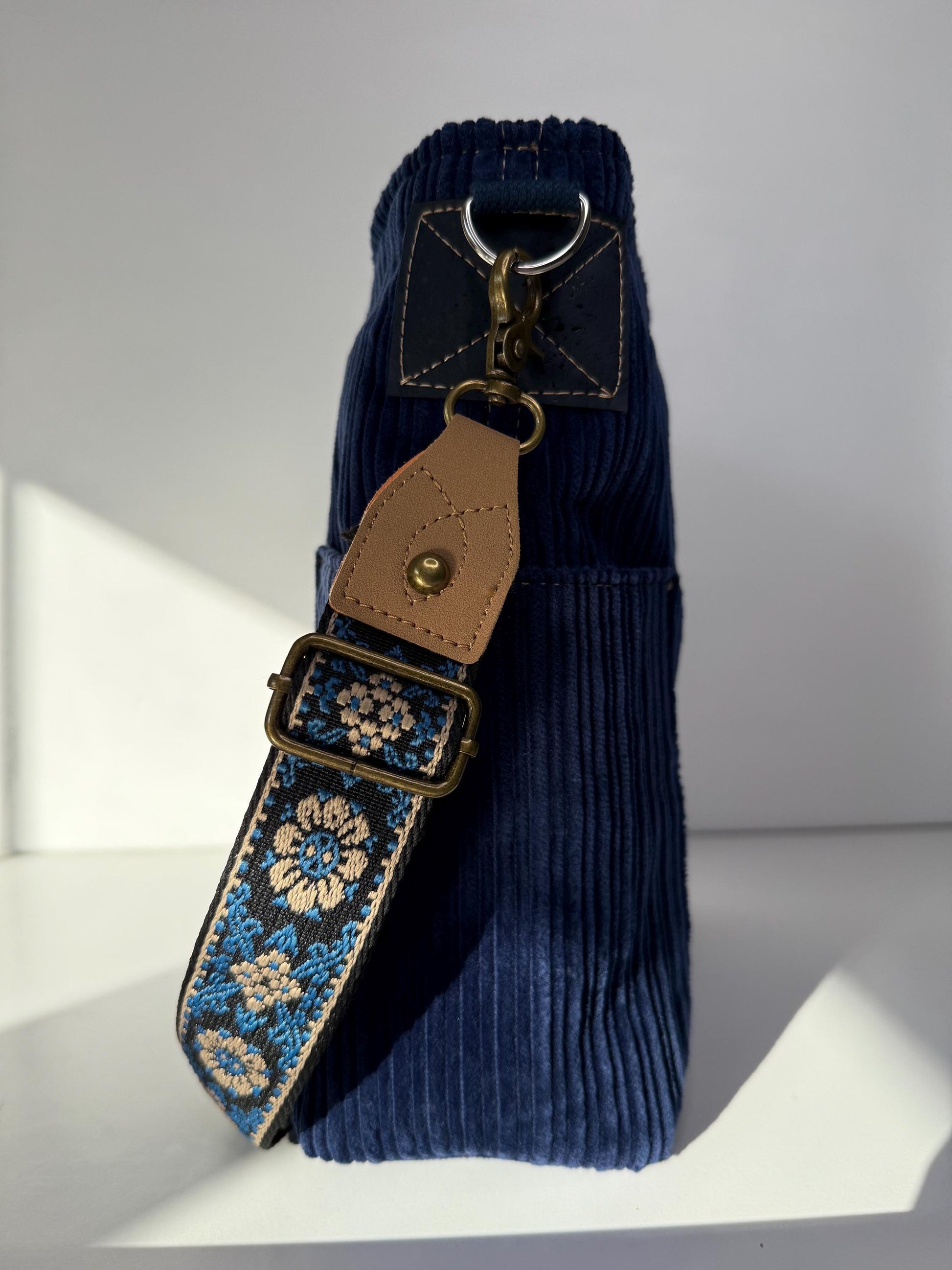 Navy Blue Corduroy Everyday Compass Bag with Cork Accents and Recessed Zipper (CB1)