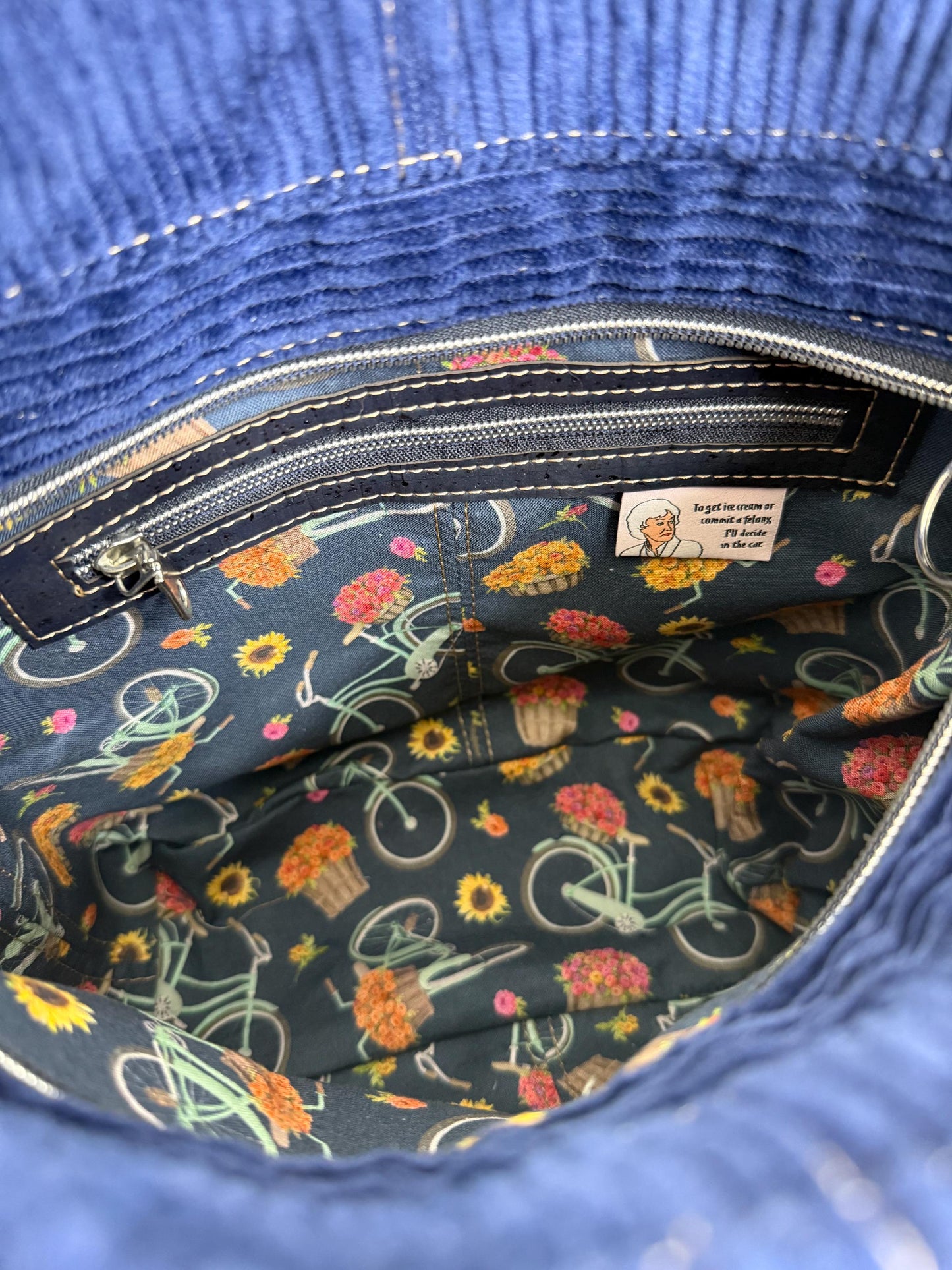 Navy Blue Corduroy Everyday Compass Bag with Cork Accents and Recessed Zipper (CB1)