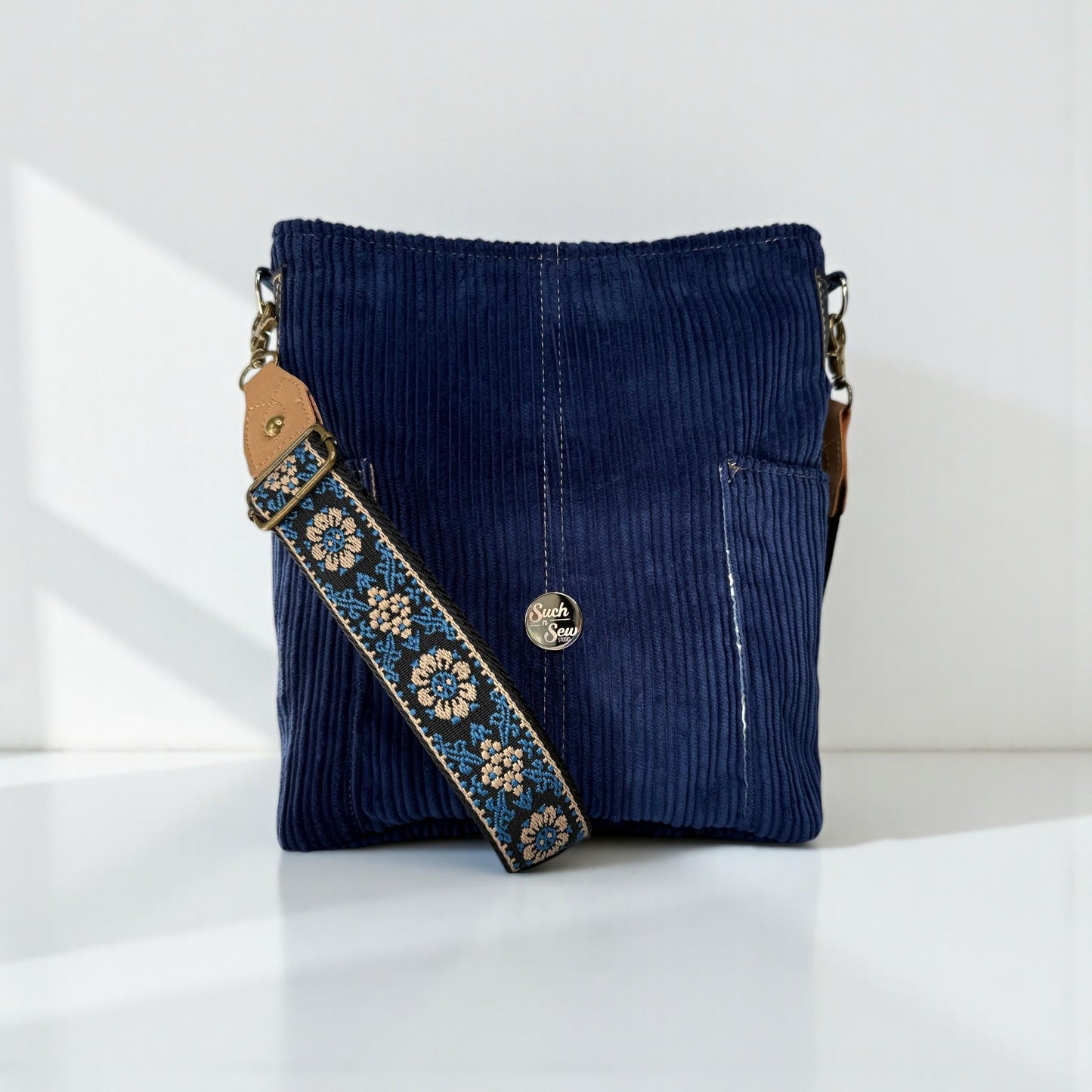Navy Blue Corduroy Everyday Compass Bag with Cork Accents and Recessed Zipper (CB1)