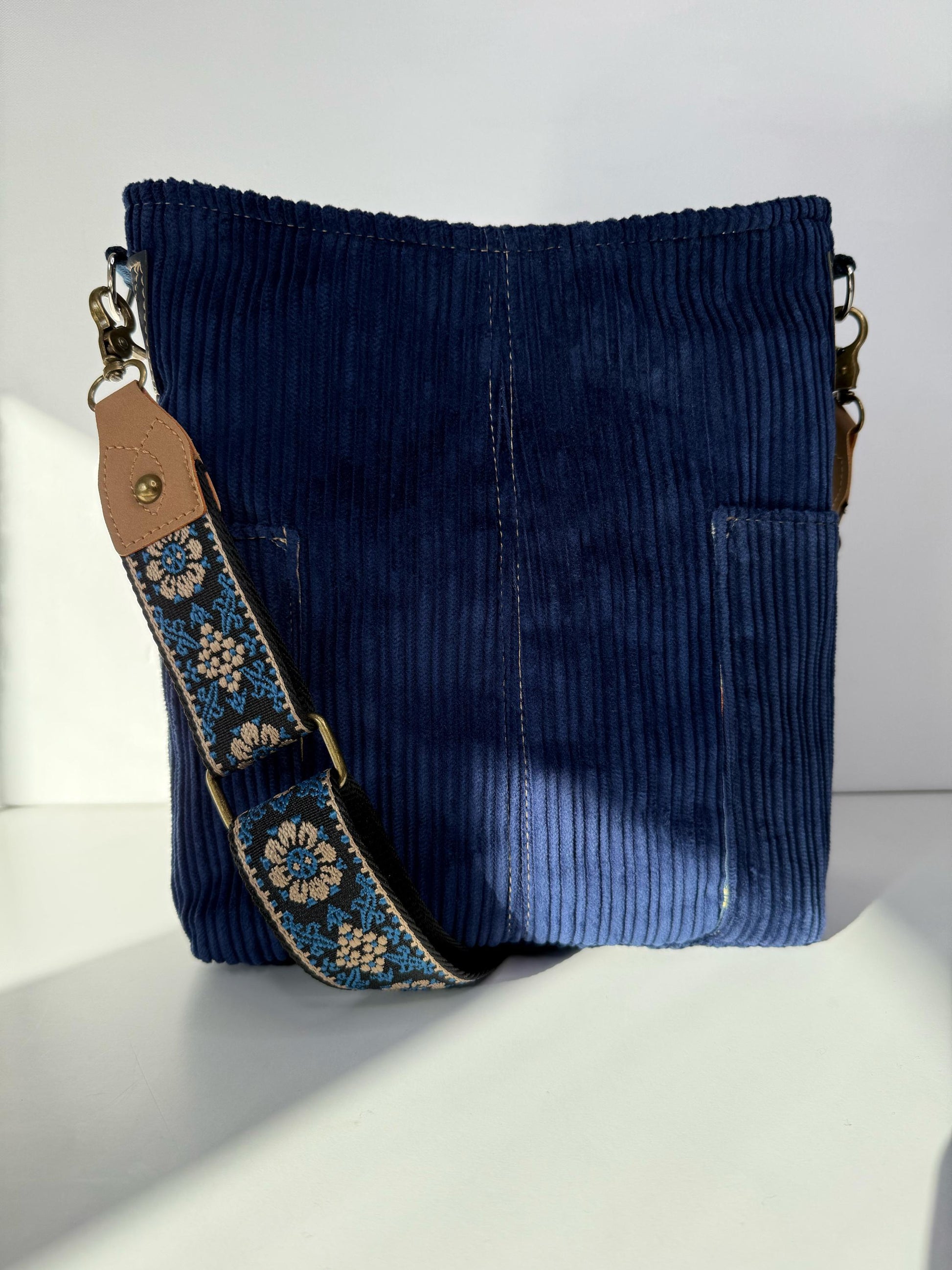 Navy Blue Corduroy Everyday Compass Bag with Cork Accents and Recessed Zipper (CB1)