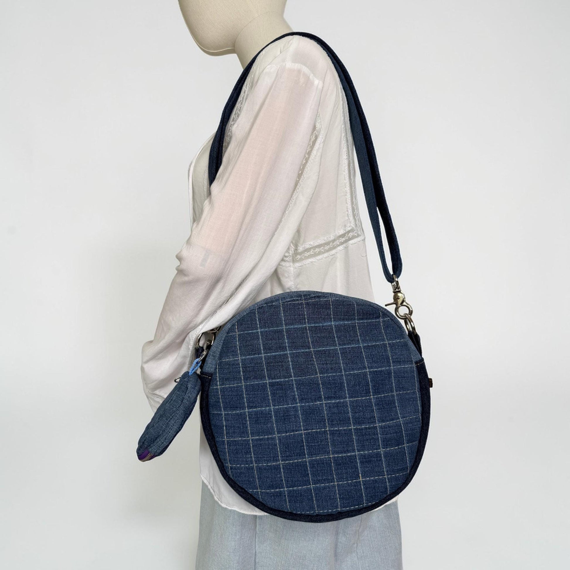 Upcycled Jean Quilted Circle Crossbody Bag (QRB)