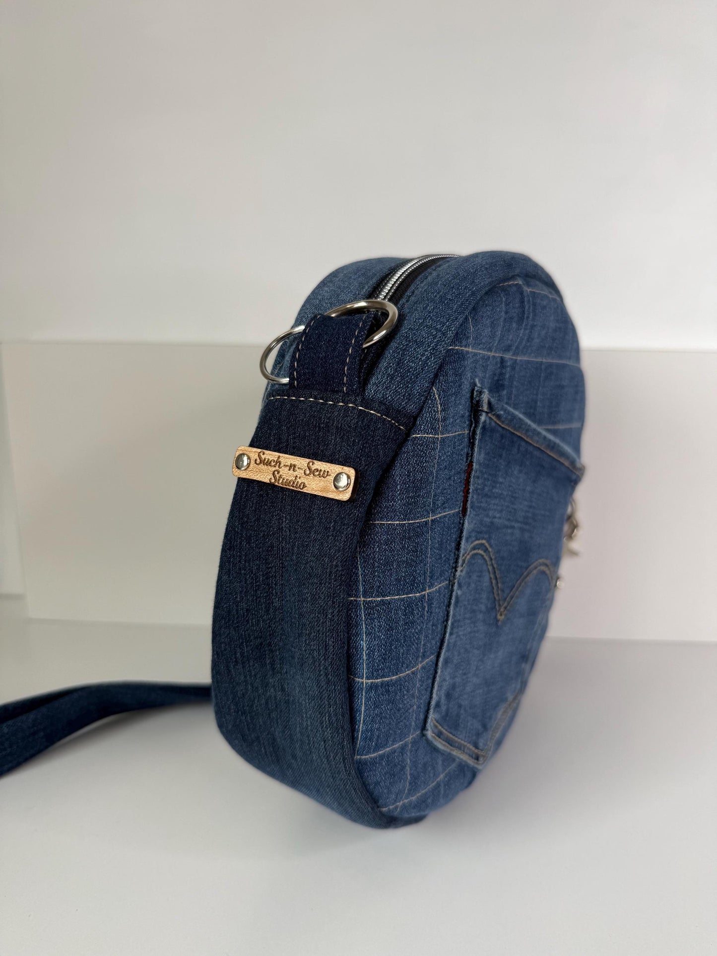 Upcycled Jean Quilted Circle Crossbody Bag (QRB)
