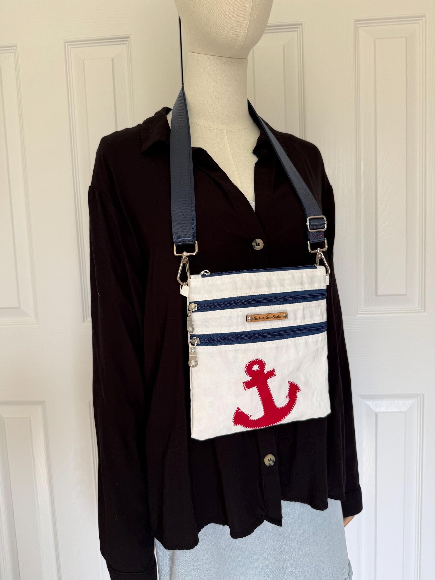 Upcycled Sailcloth Anchors Away Crossbody Bag Purse (Z2)