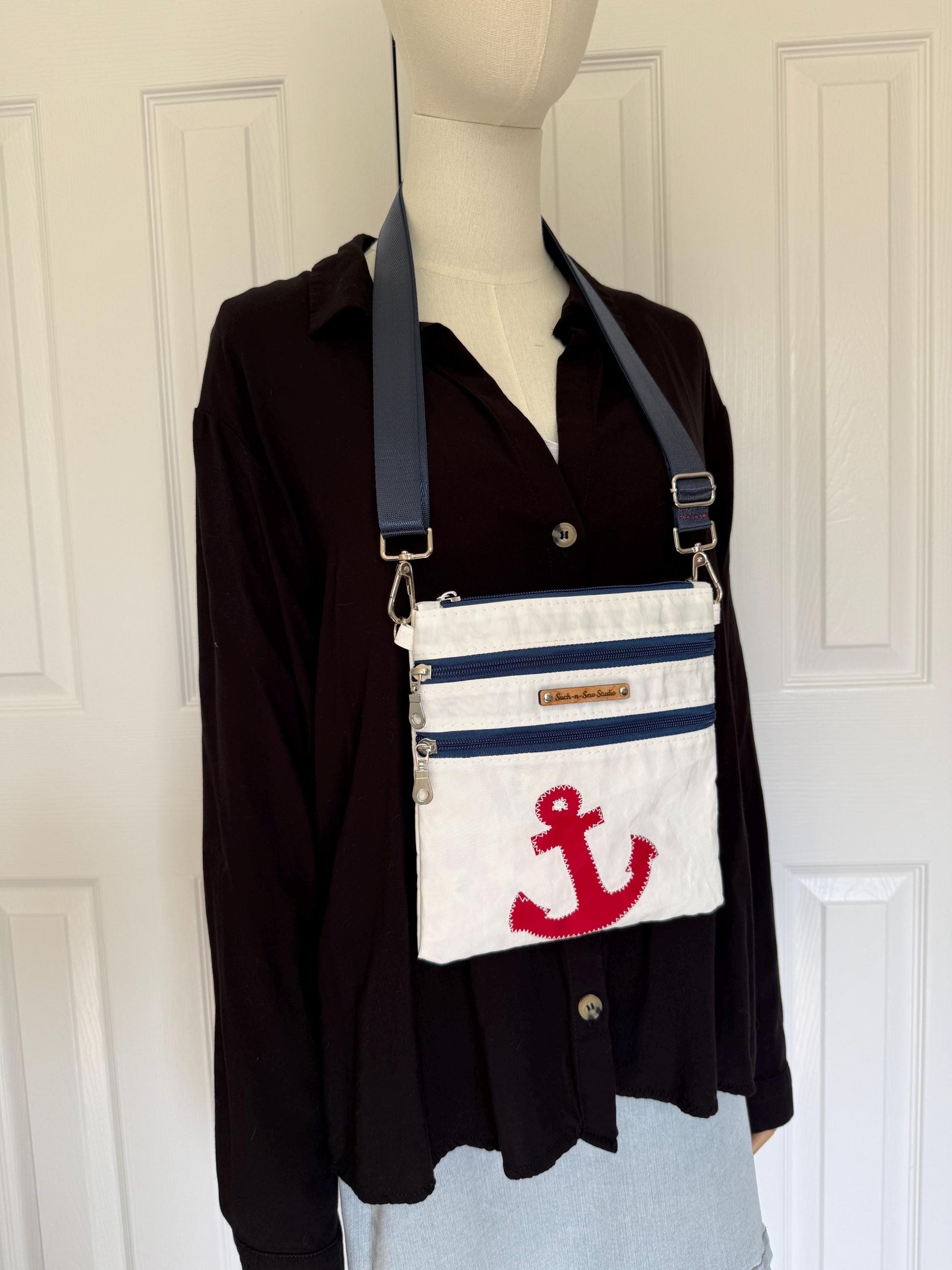 Upcycled Sailcloth Anchors Away Crossbody Bag Purse (Z2)