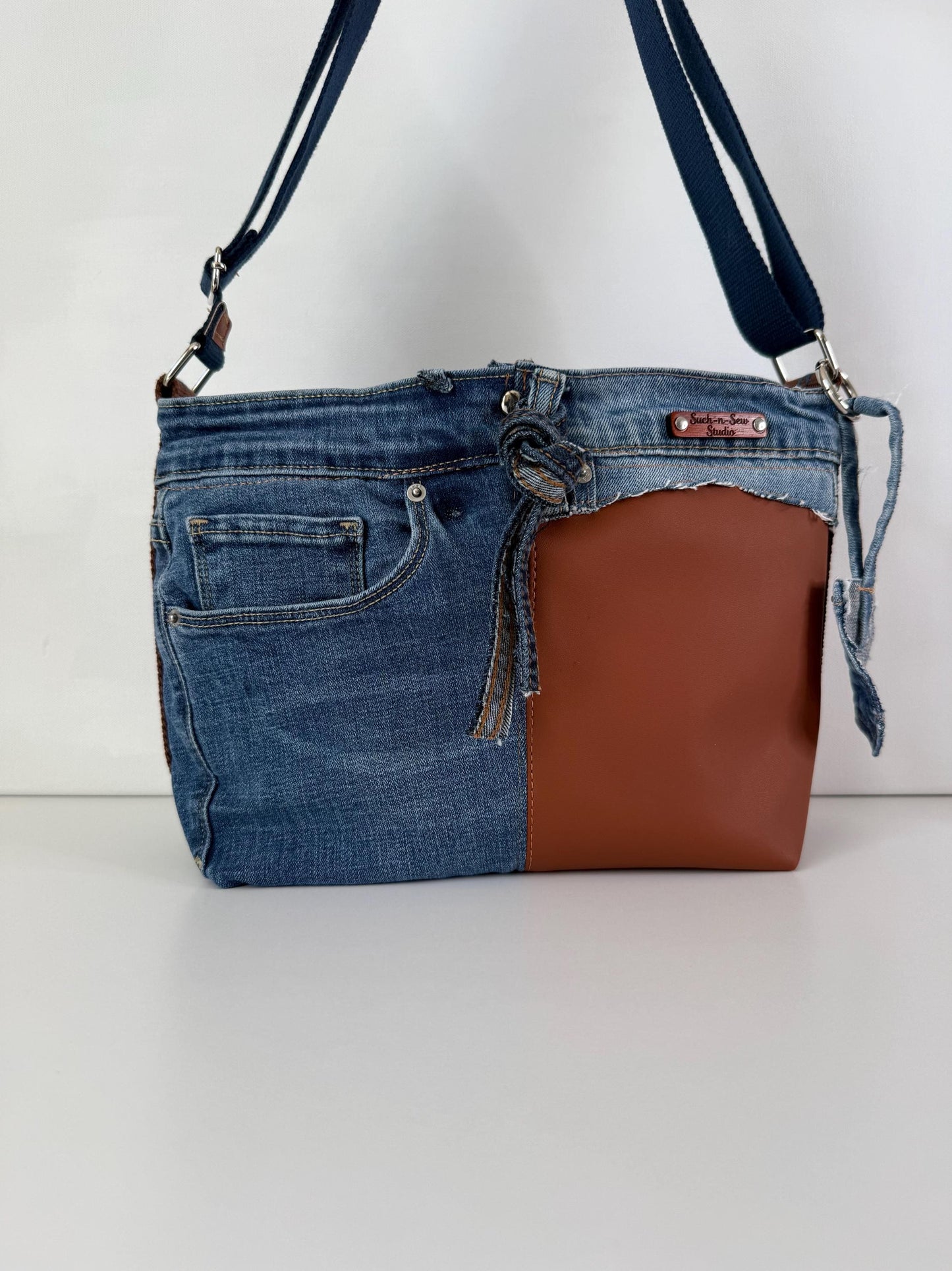 Upcycled Jean and Faux Leather Crossbody Bag Purse (O1)