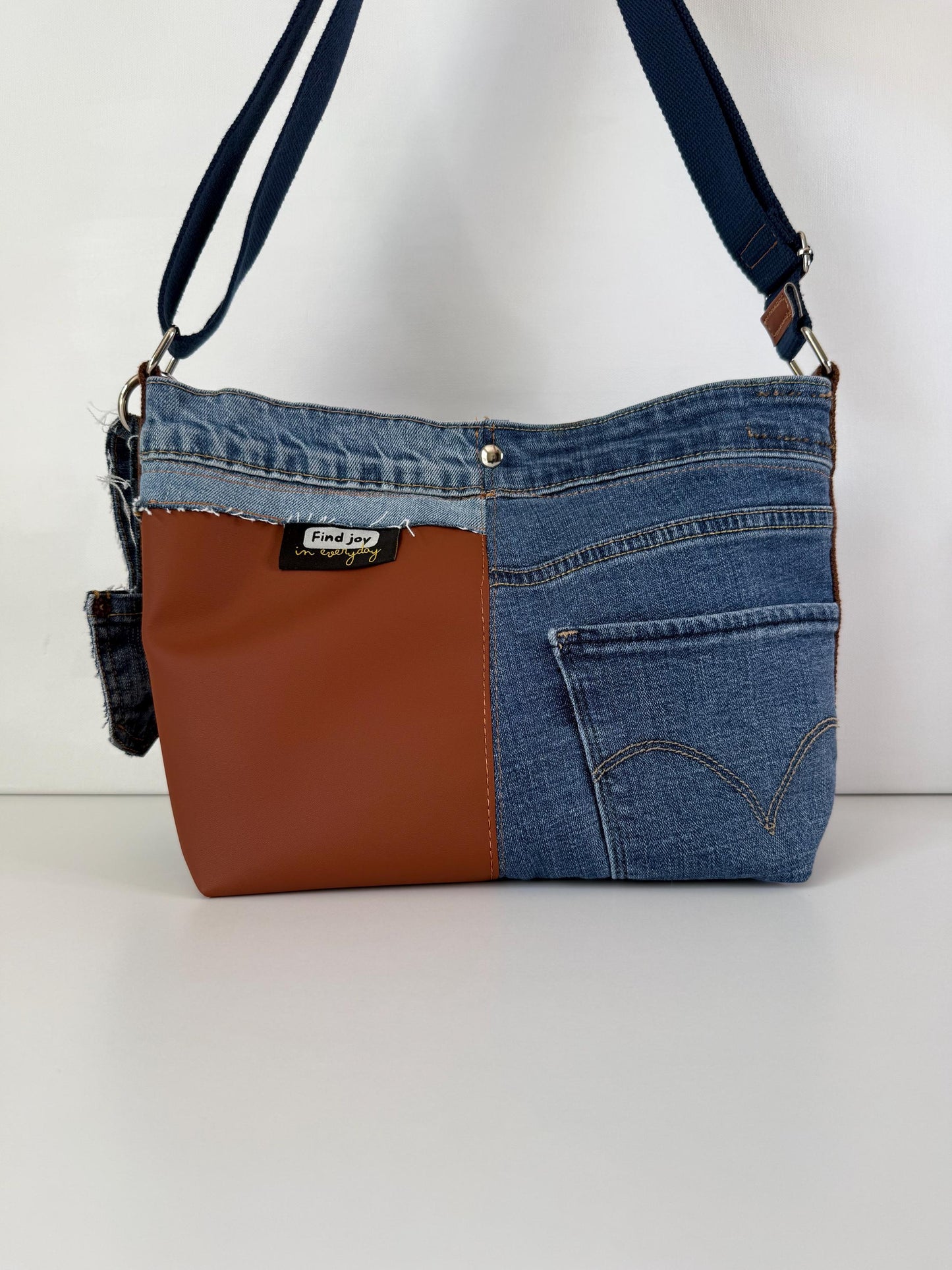 Upcycled Jean and Faux Leather Crossbody Bag Purse (O1)
