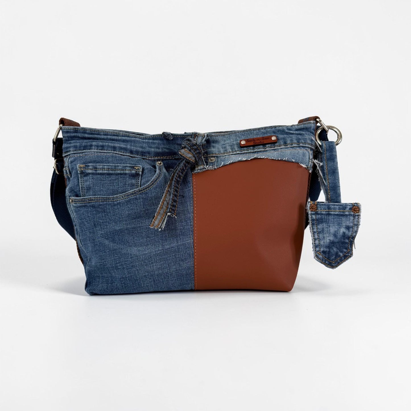 Upcycled Jean and Faux Leather Crossbody Bag Purse (O1)