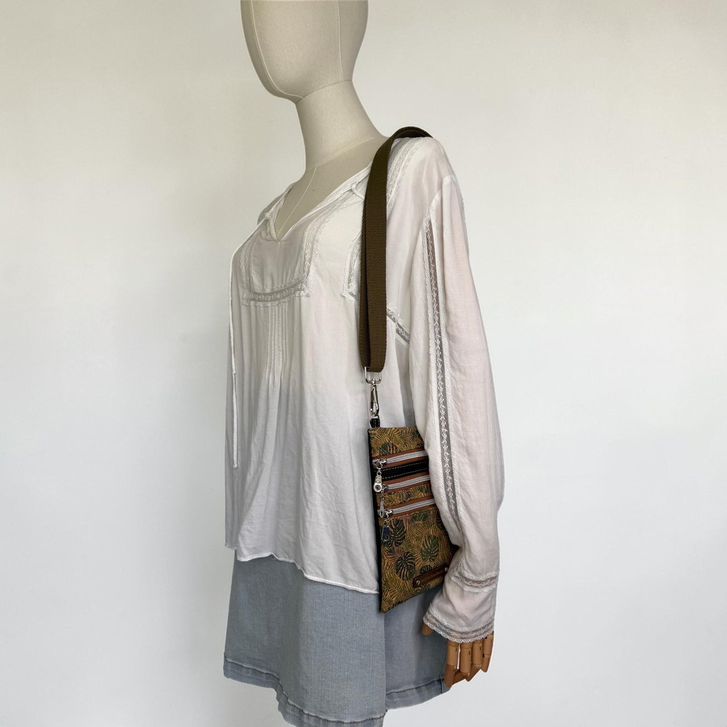 Cork Leather Alternative Monstera Triple Zipper Crossbody Bag (3T3)
