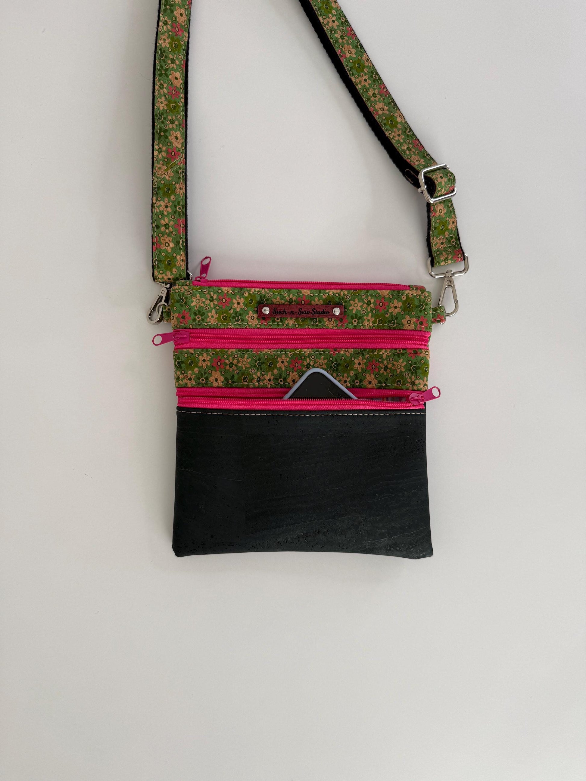 Cork Leather Alternative Zippy Floral Crossbody Bag Purse (Z3)