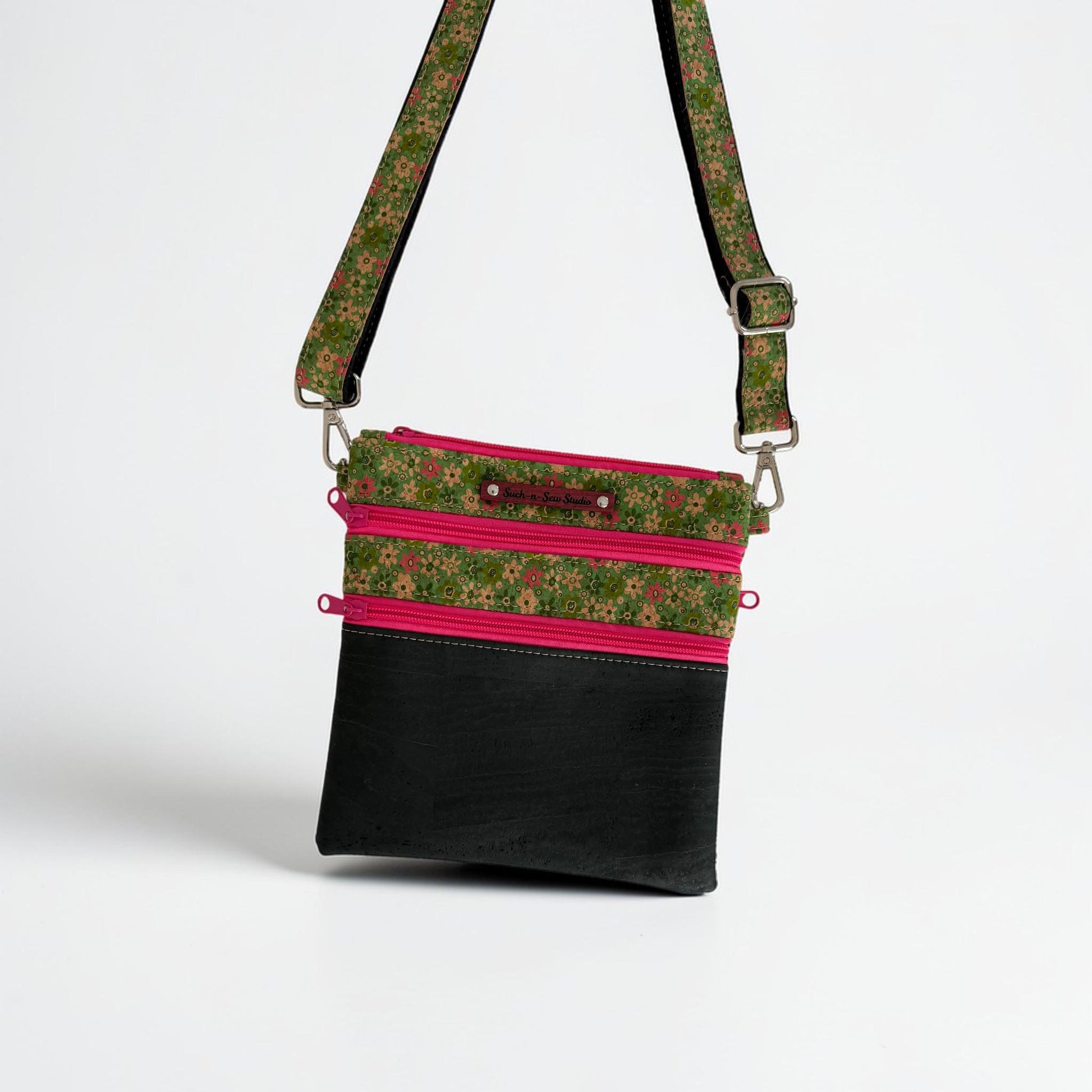 Cork Leather Alternative Zippy Floral Crossbody Bag Purse (Z3)