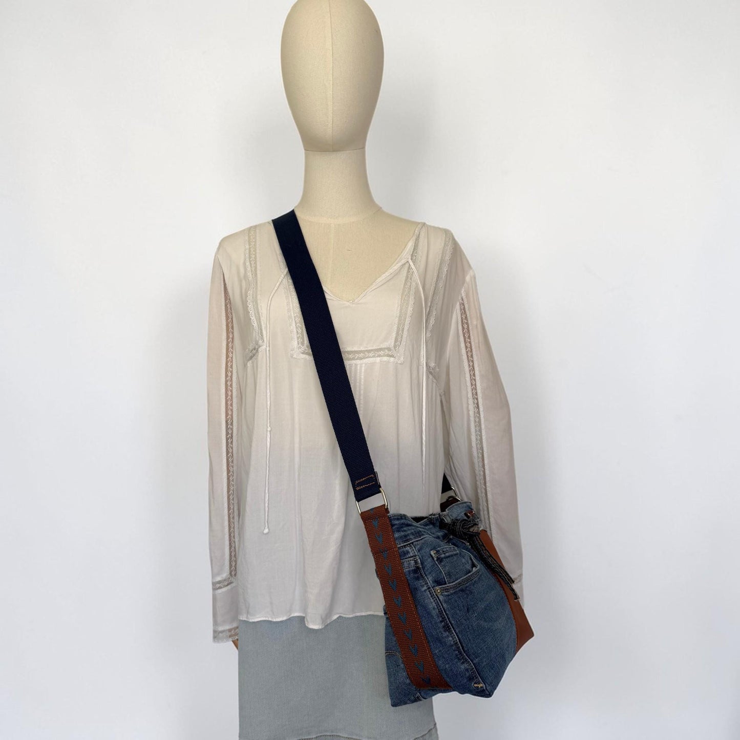 Upcycled Jean and Faux Leather Crossbody Bag Purse (O1)