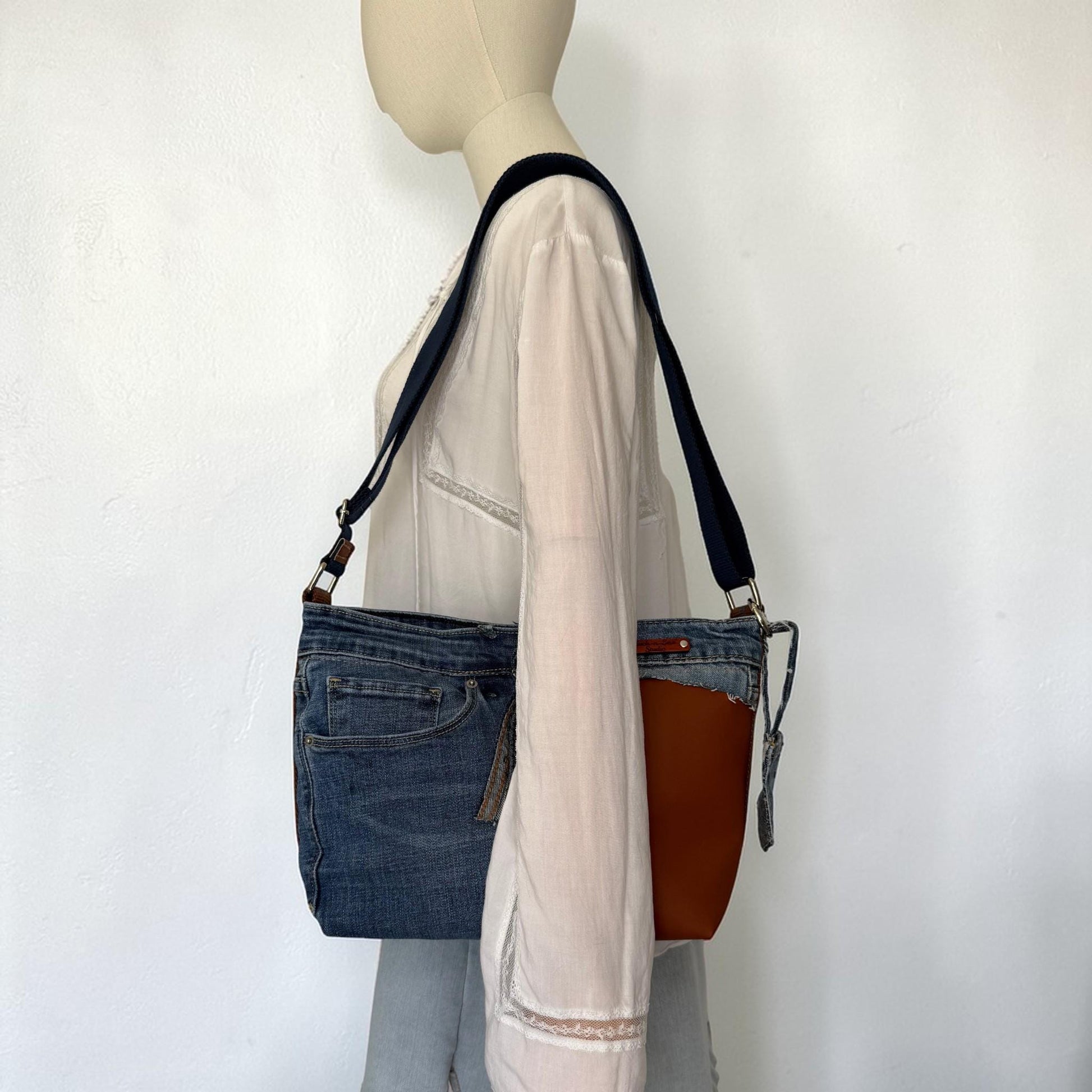 Upcycled Jean and Faux Leather Crossbody Bag Purse (O1)