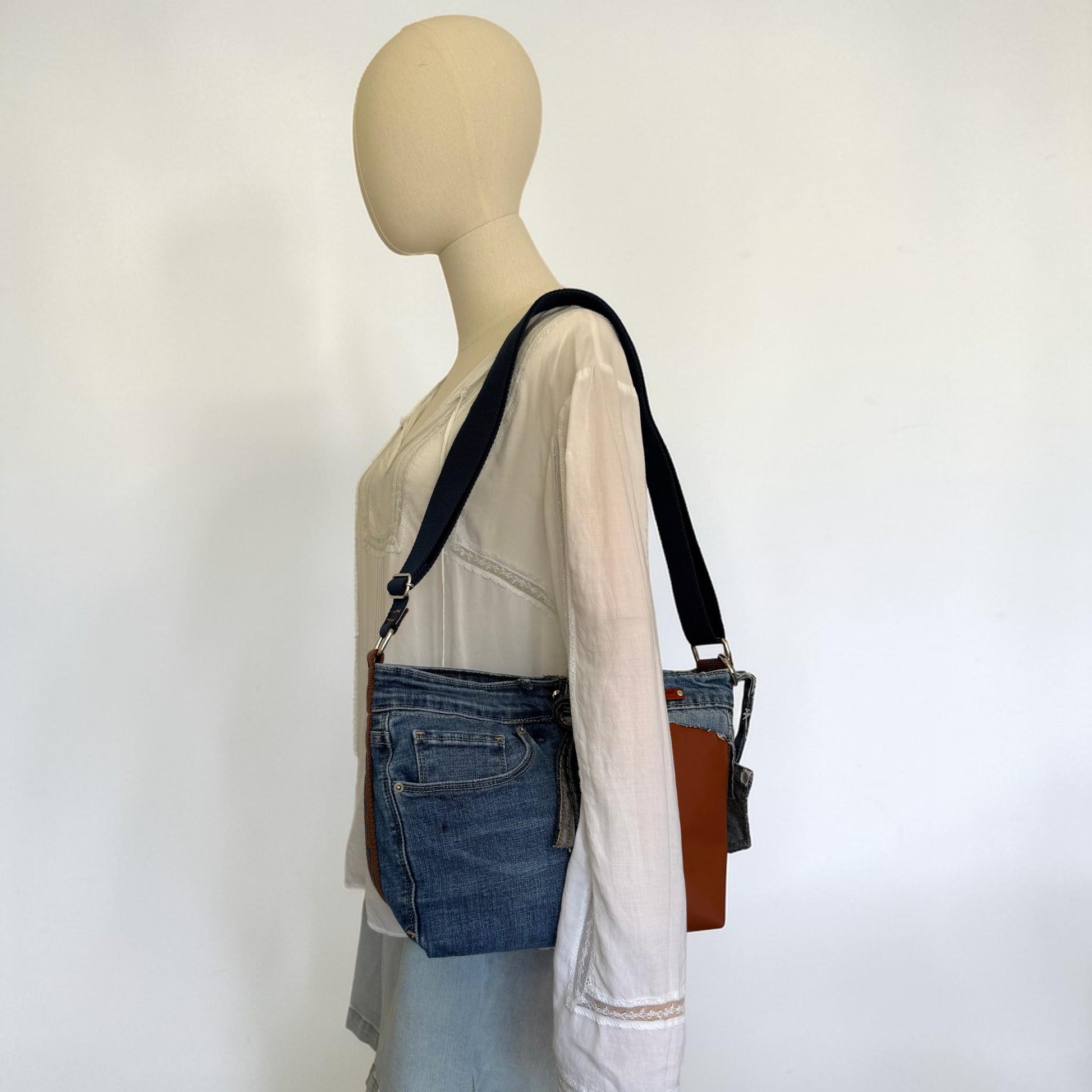 Upcycled Jean and Faux Leather Crossbody Bag Purse (O1)