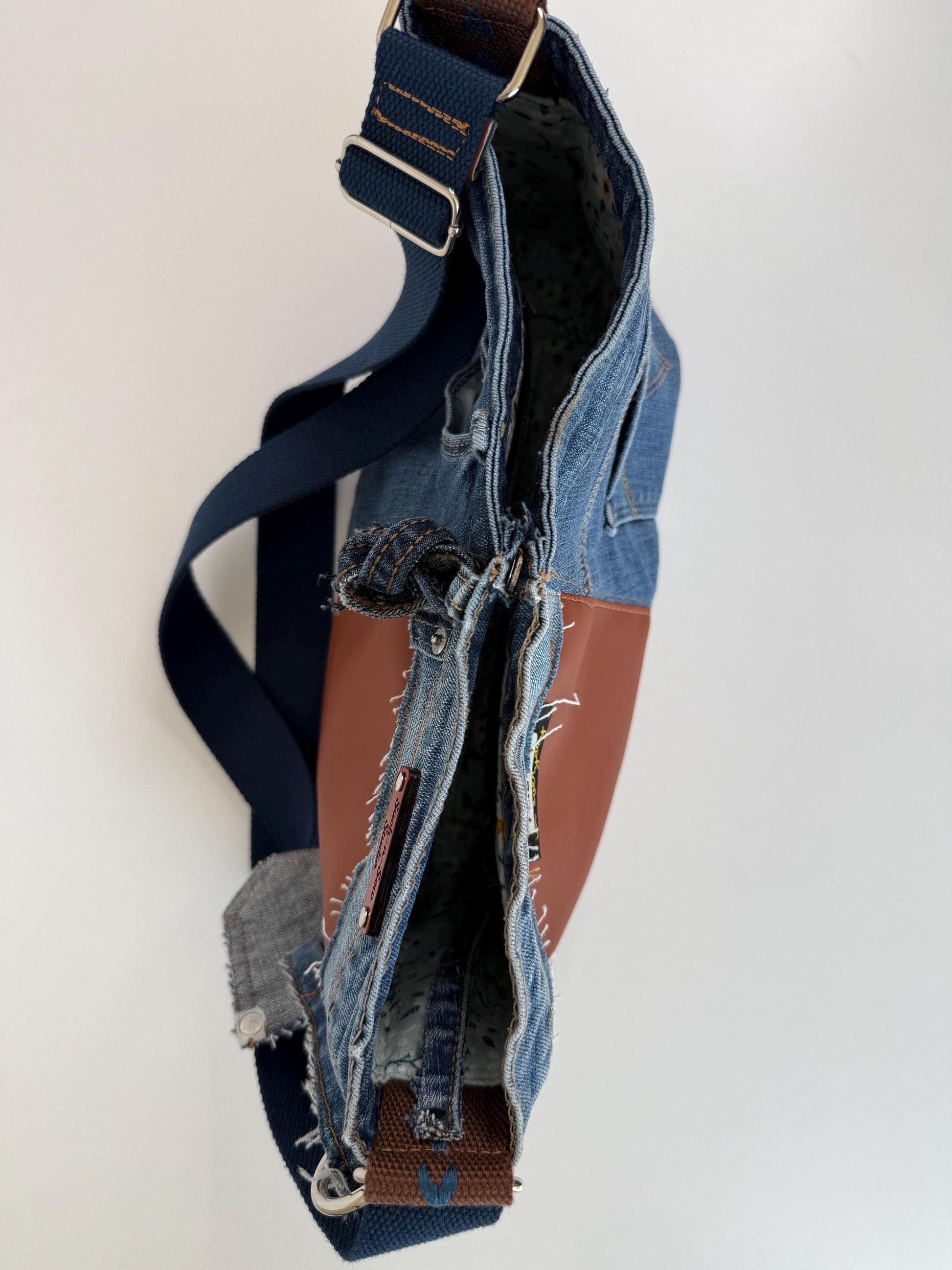 Upcycled Jean and Faux Leather Crossbody Bag Purse (O1)