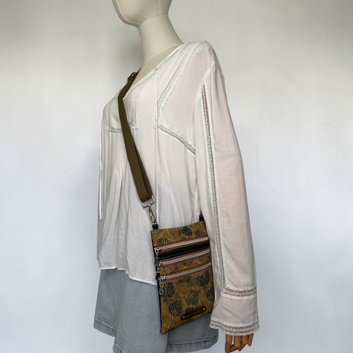 Cork Leather Alternative Monstera Triple Zipper Crossbody Bag (3T3)
