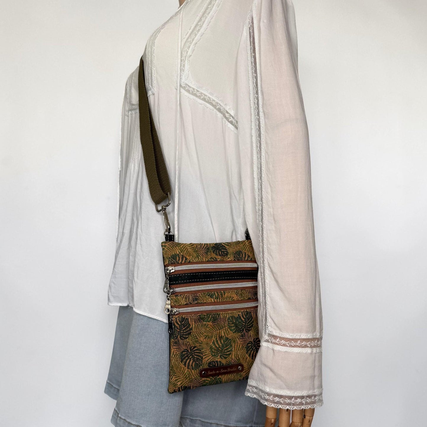 Cork Leather Alternative Monstera Triple Zipper Crossbody Bag (3T3)