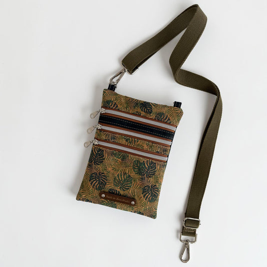Cork Leather Alternative Monstera Triple Zipper Crossbody Bag (3T3)