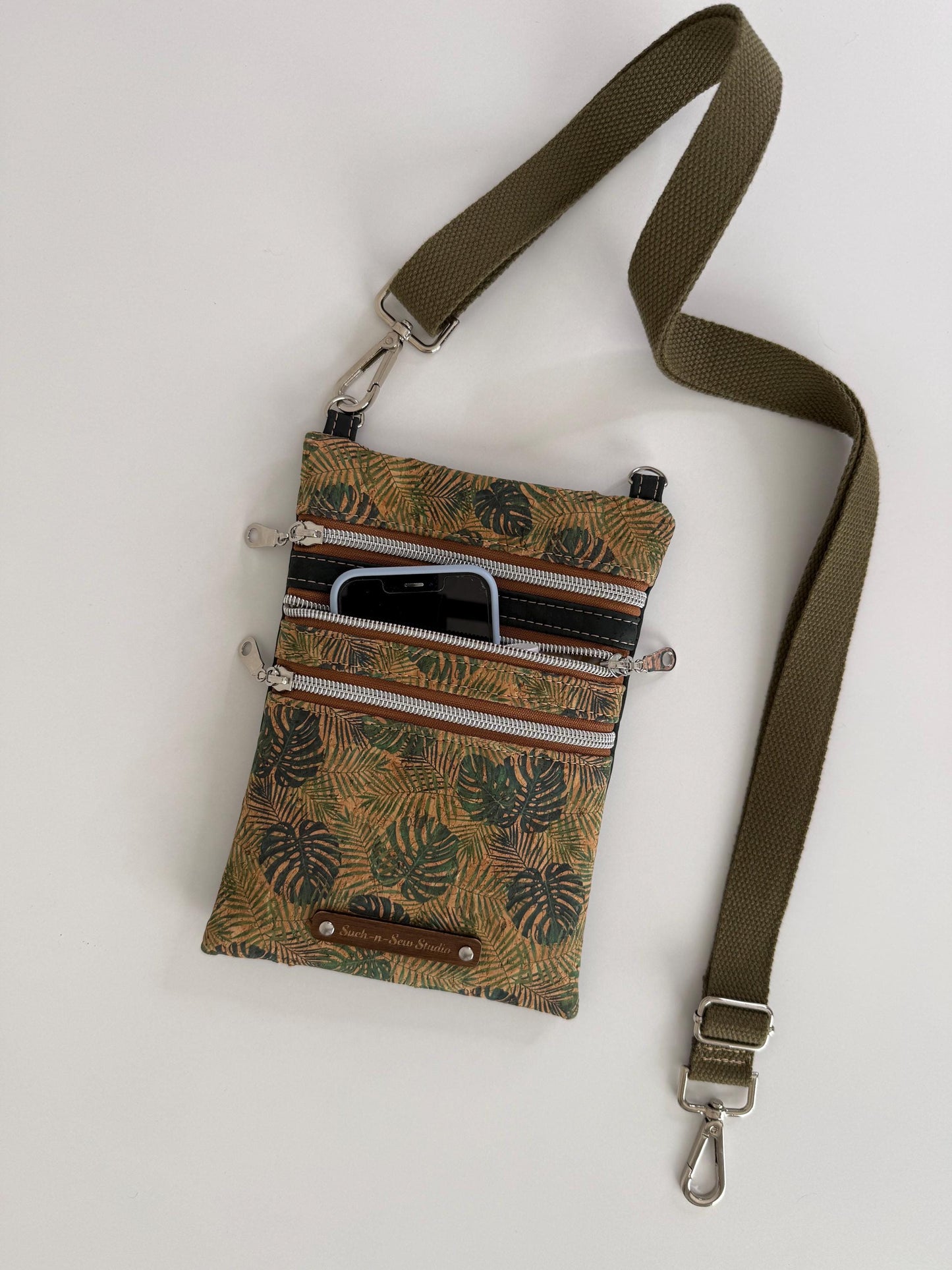 Cork Leather Alternative Monstera Triple Zipper Crossbody Bag (3T3)