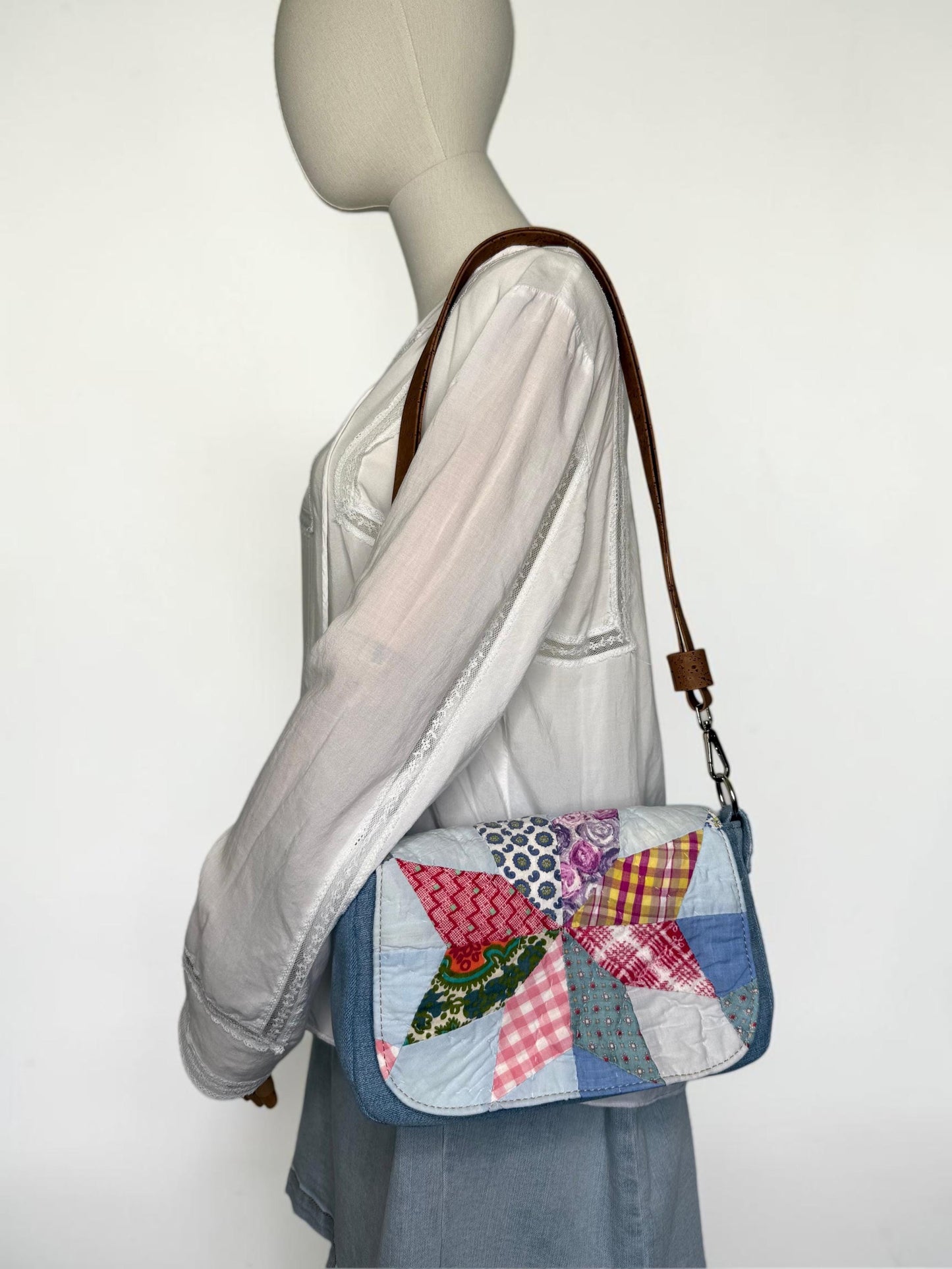 Upcycled Vintage Quilt & Denim Saddlebag Purse – Handmade, One-of-a-Kind