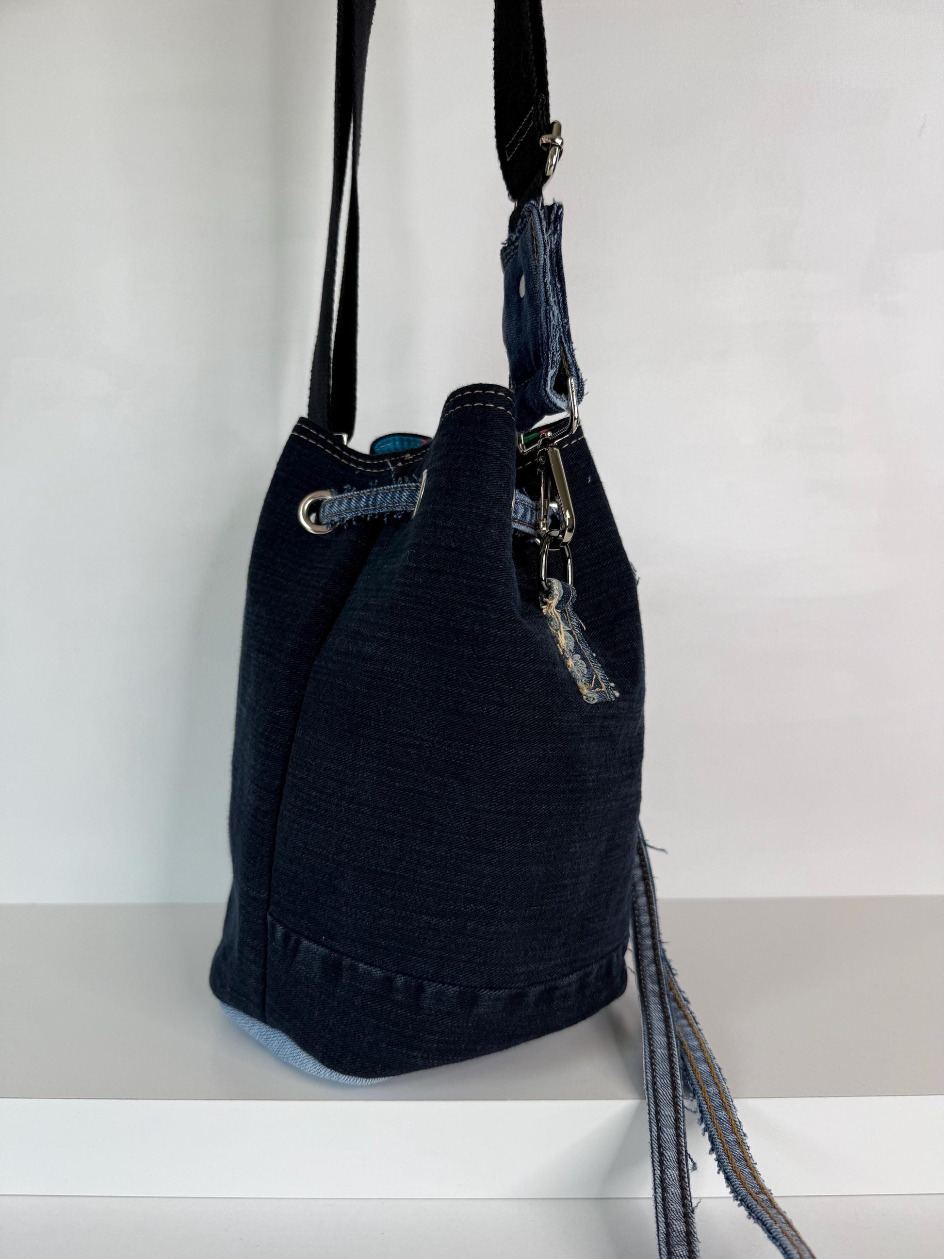 Upcycled Denim Bucket Crossbody Bag Purse