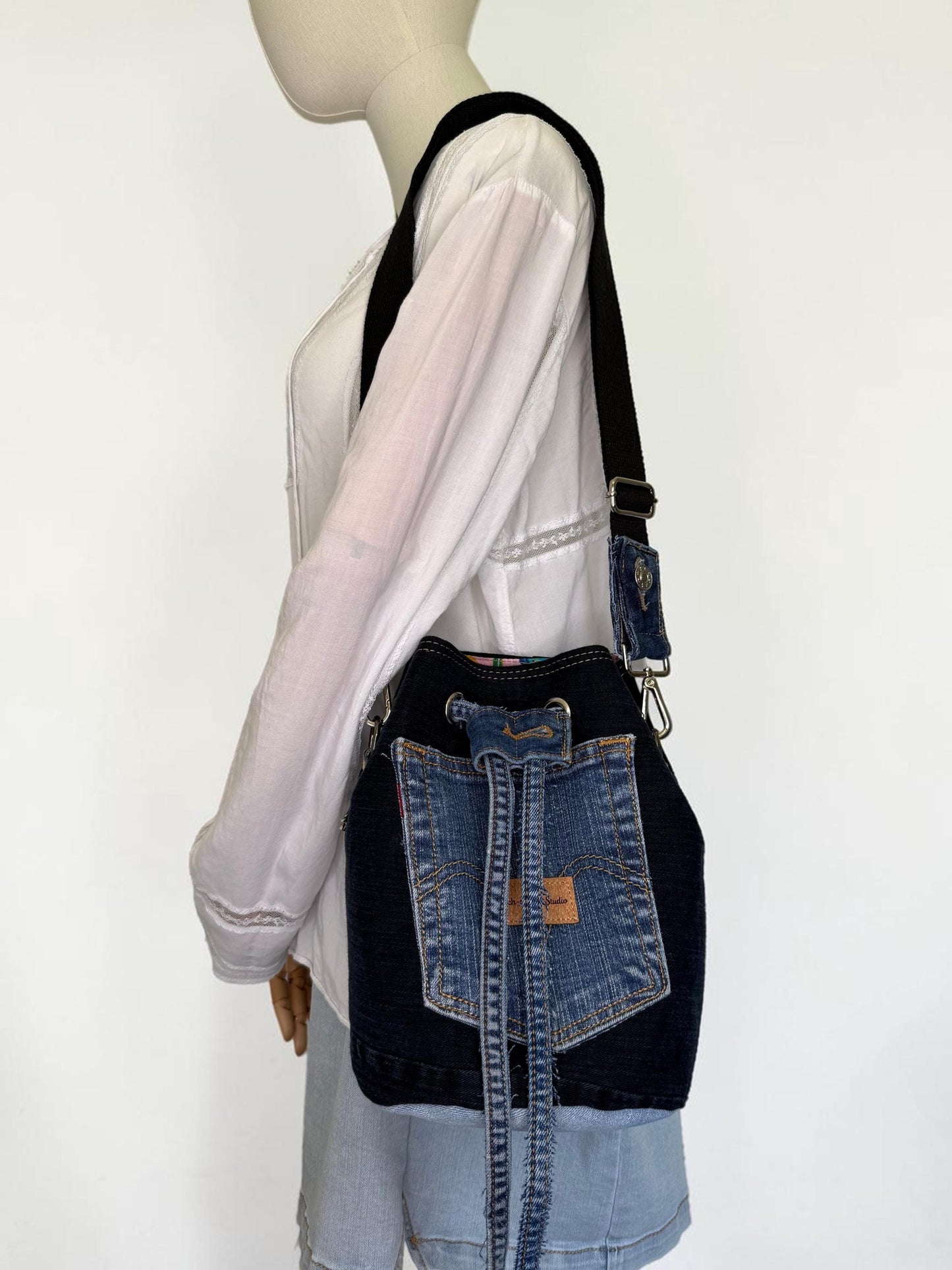 Upcycled Denim Bucket Crossbody Bag Purse
