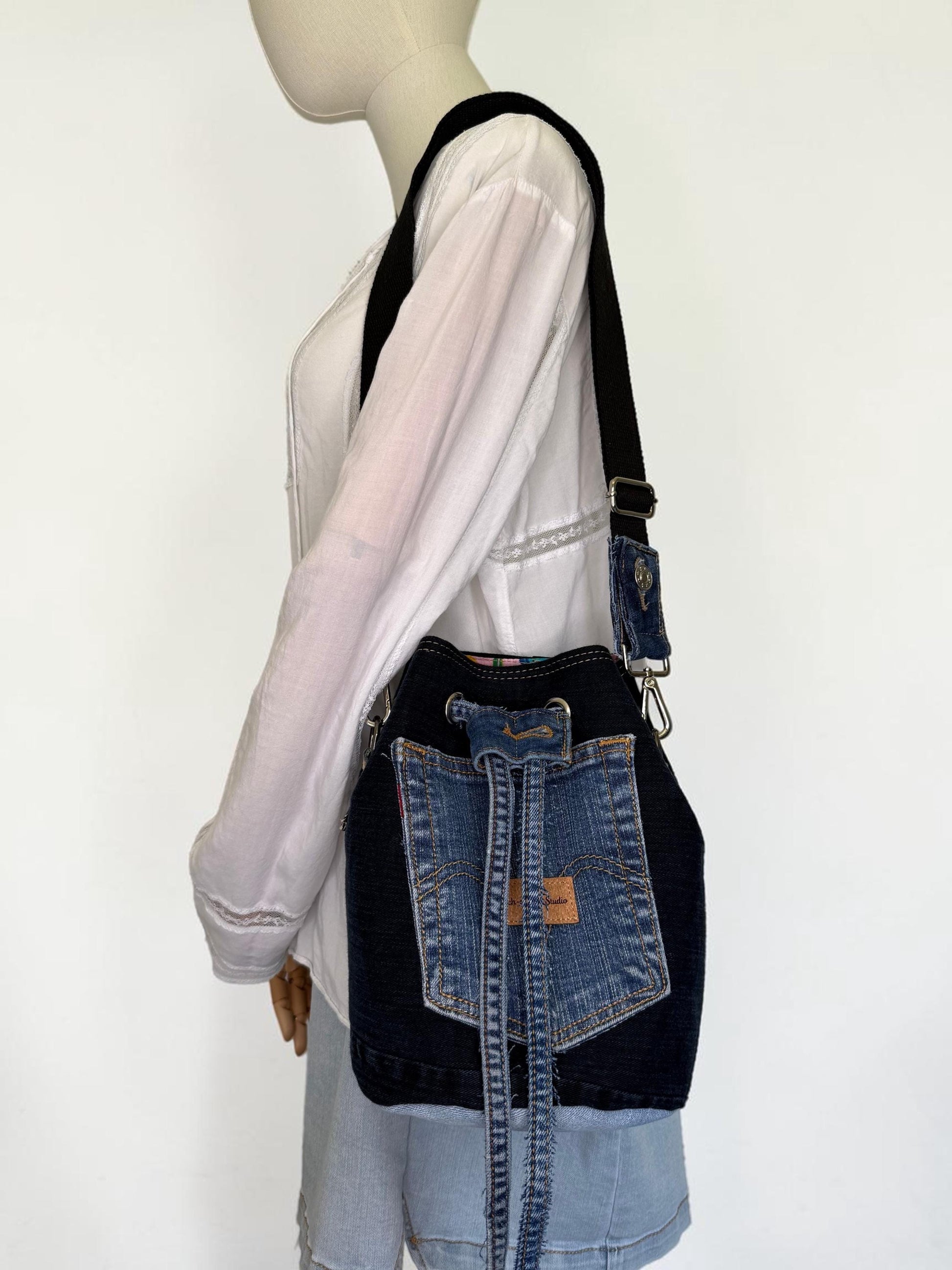 Upcycled Denim Bucket Crossbody Bag Purse