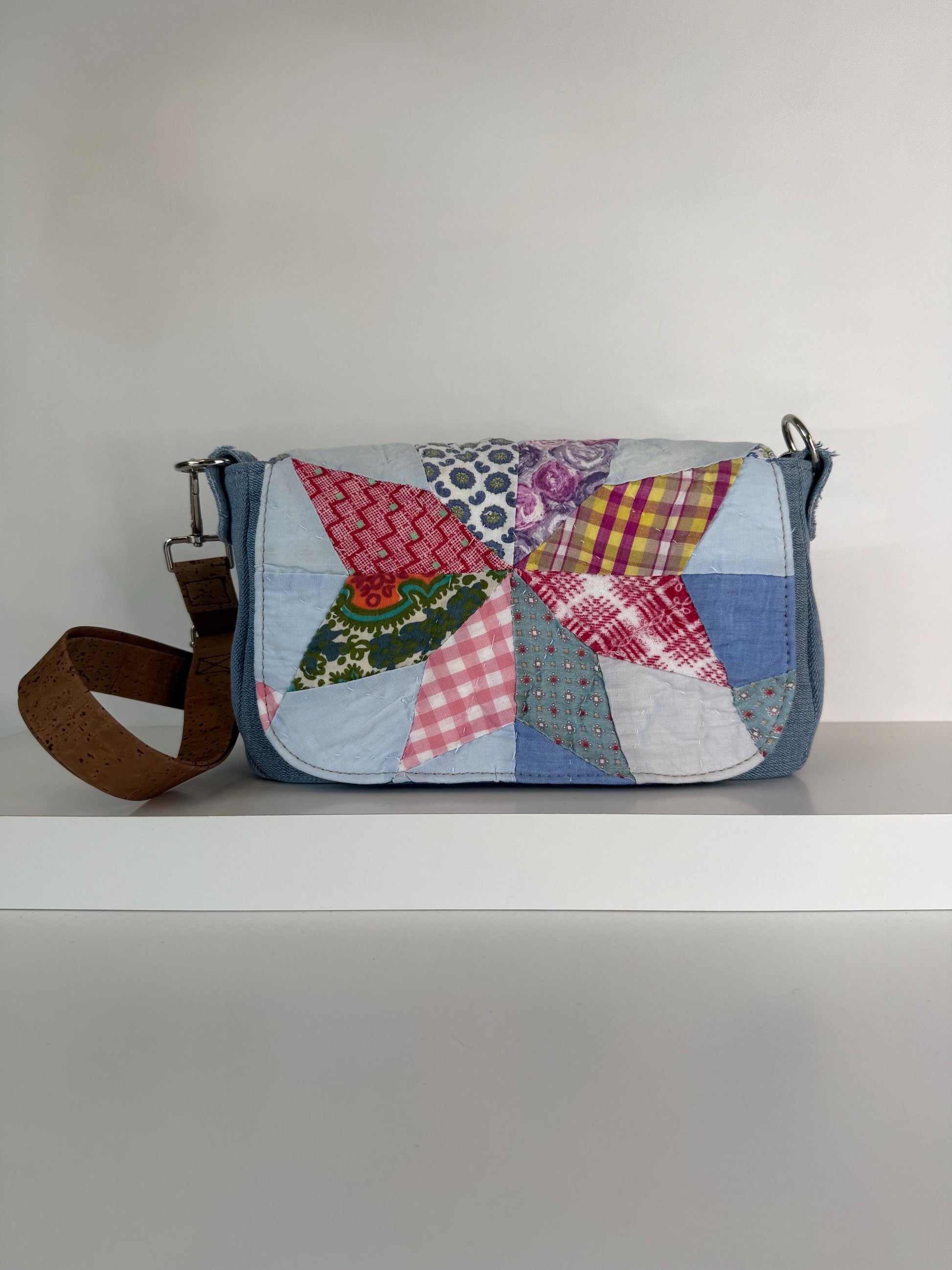 Upcycled Vintage Quilt & Denim Saddlebag Purse – Handmade, One-of-a-Kind