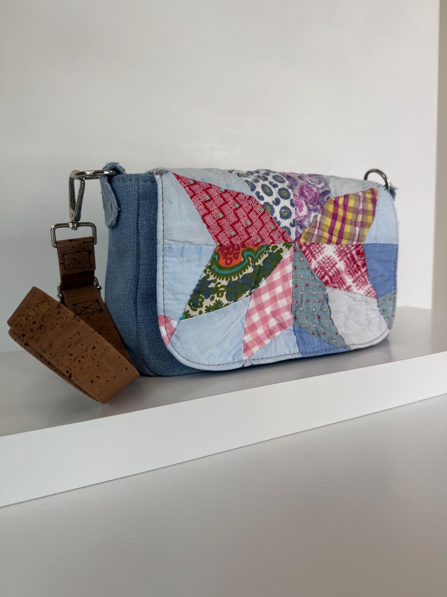 Upcycled Vintage Quilt & Denim Saddlebag Purse – Handmade, One-of-a-Kind
