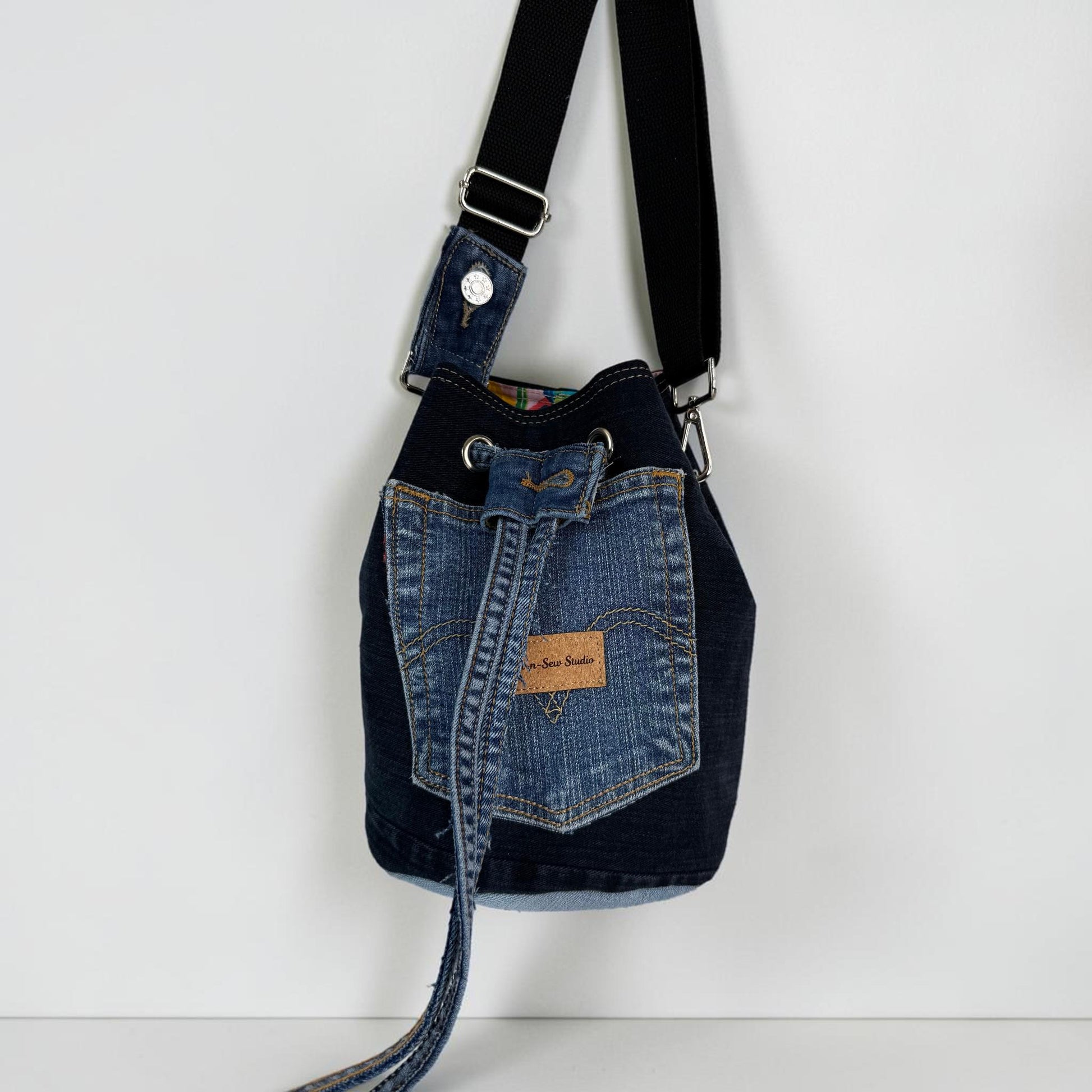 Upcycled Denim Bucket Crossbody Bag Purse
