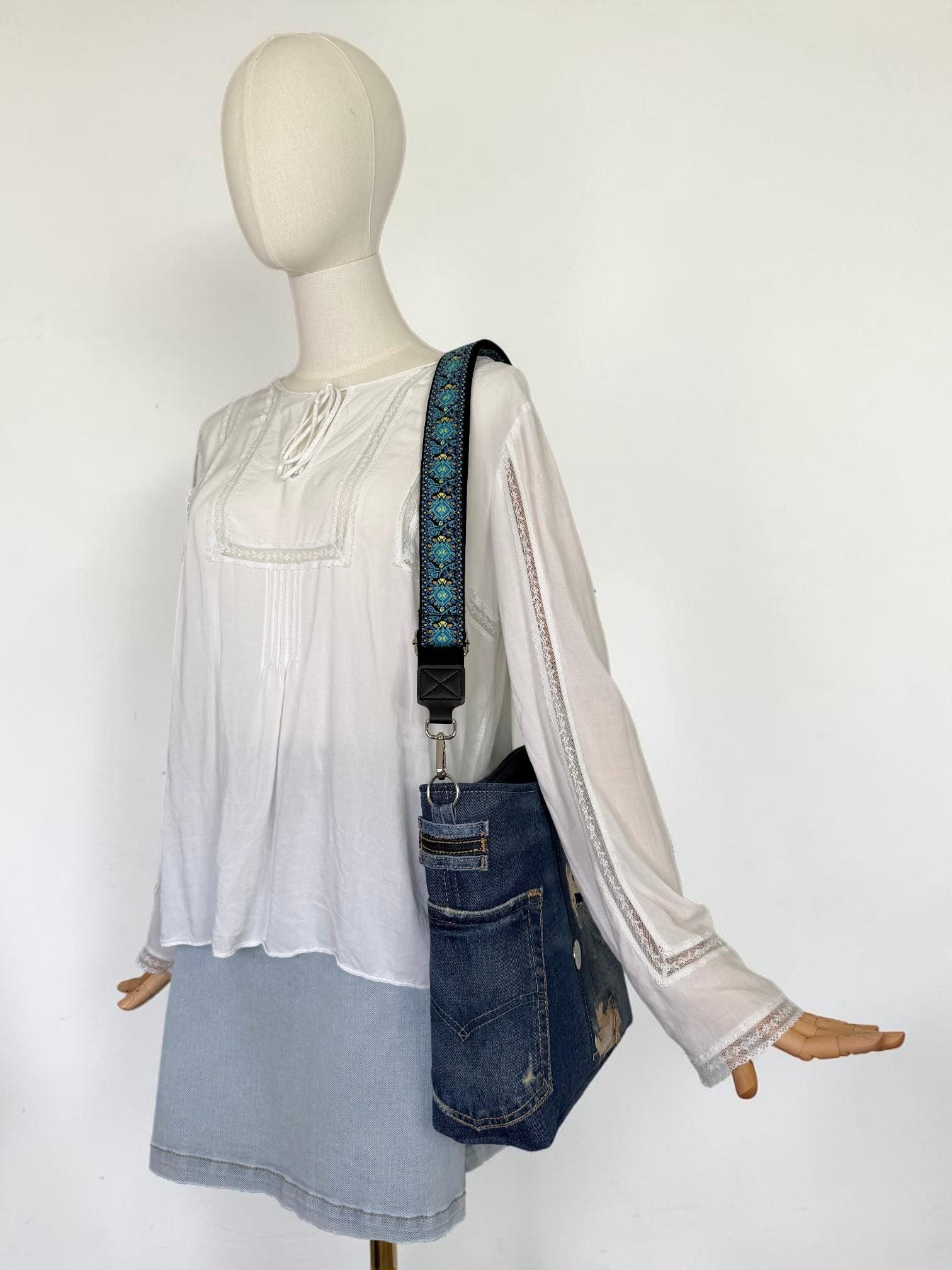 Upcycled Denim Crossbody Compass Bag Purse (CB8)