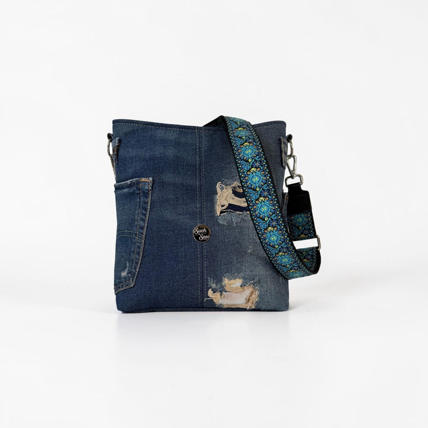 Upcycled Denim Crossbody Compass Bag Purse (CB8)