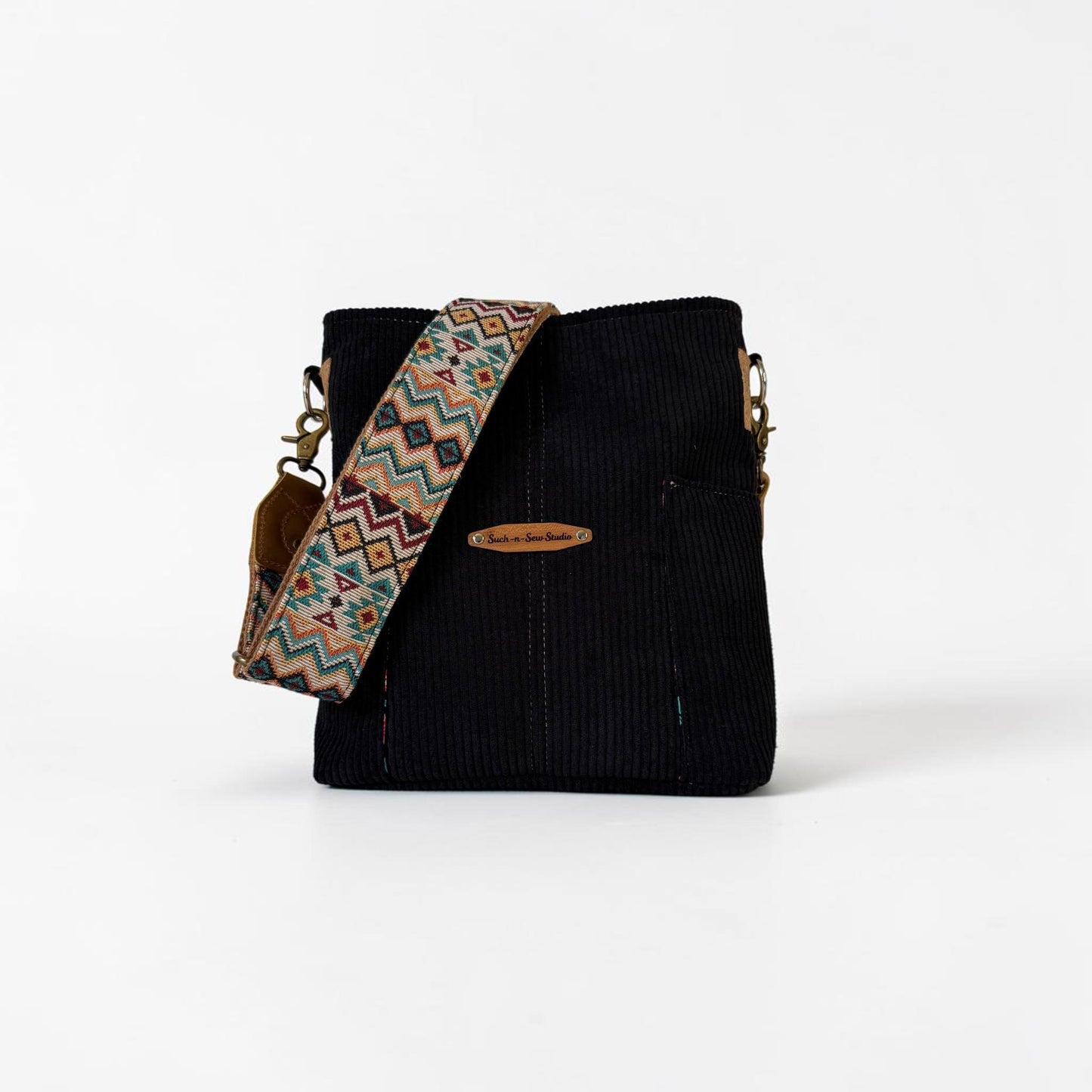 Black Corduroy Everyday Compass Bag with Cork Accents and Recessed Zipper (CB40)
