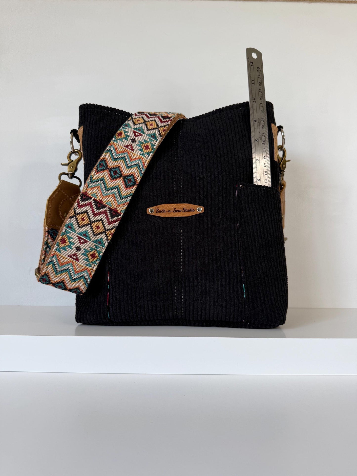 Black Corduroy Everyday Compass Bag with Cork Accents and Recessed Zipper (CB40)