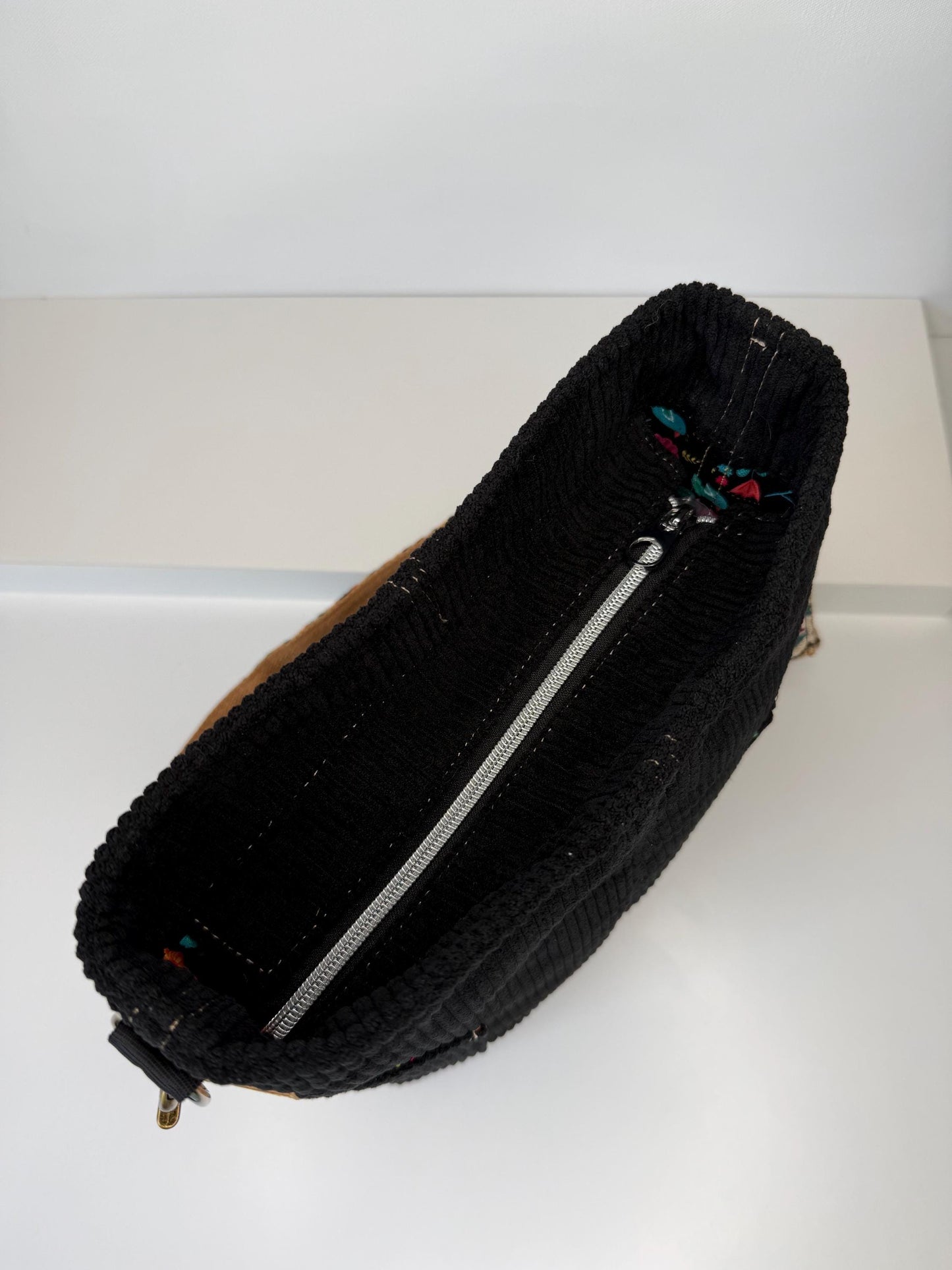 Black Corduroy Everyday Compass Bag with Cork Accents and Recessed Zipper (CB40)