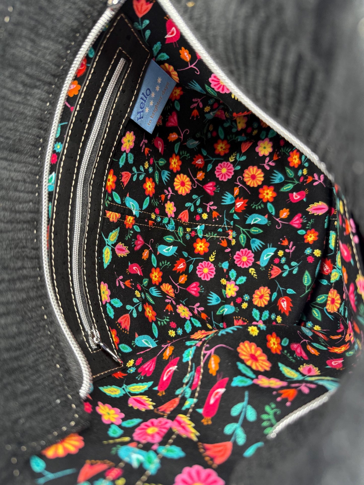 Black Corduroy Everyday Compass Bag with Cork Accents and Recessed Zipper (CB40)