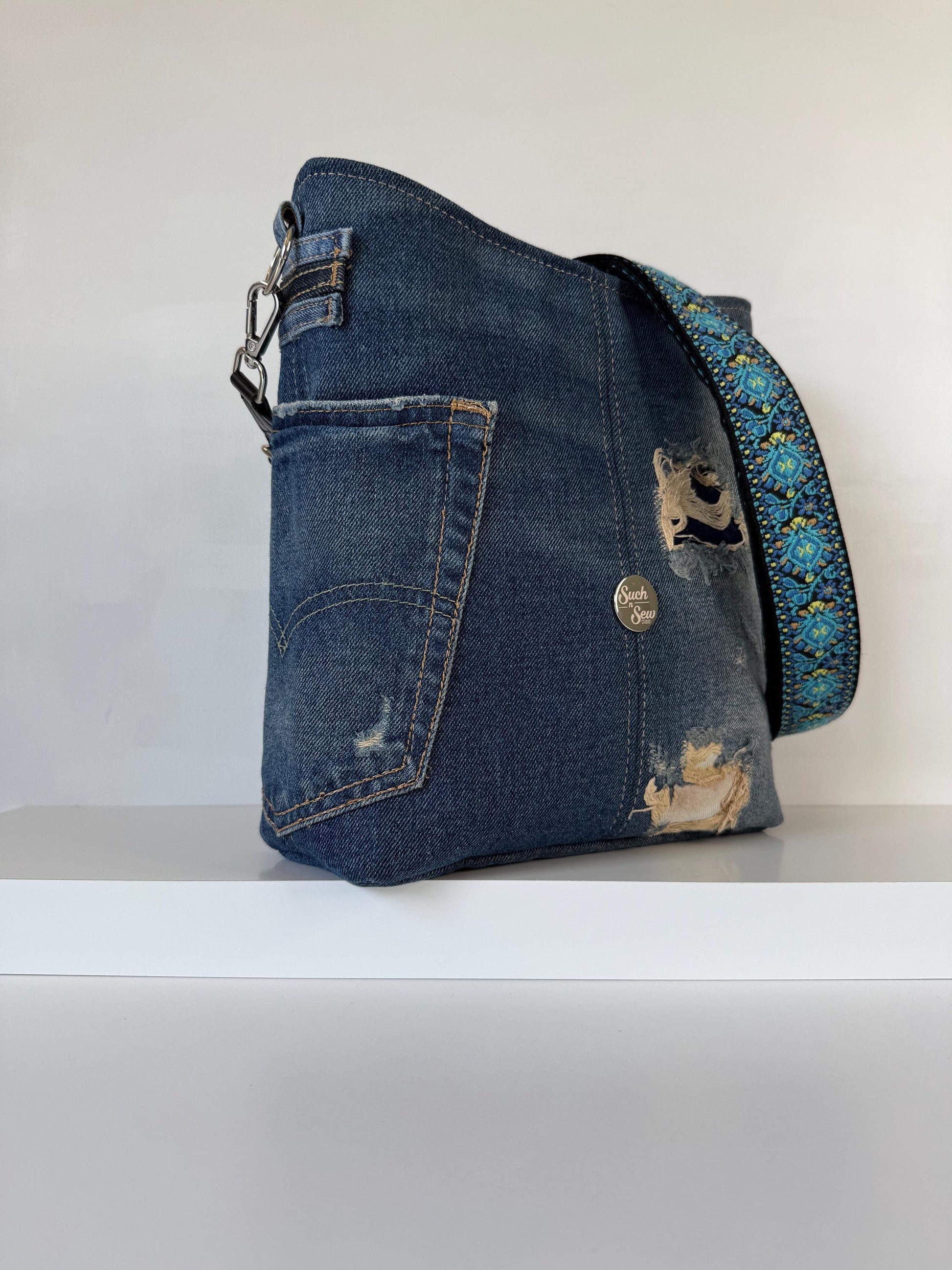 Upcycled Denim Crossbody Compass Bag Purse (CB8)